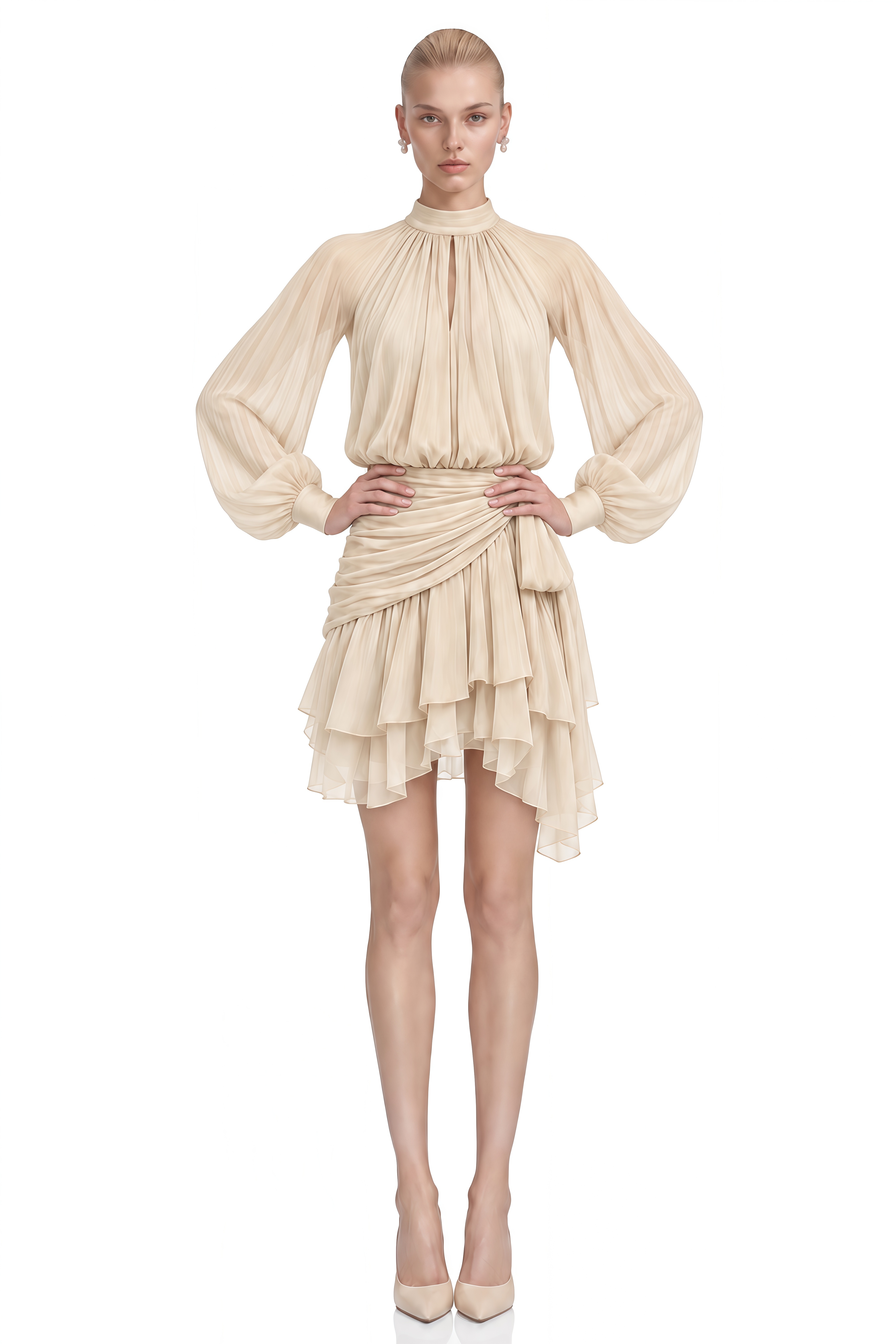 Margaret Champagne Turtleneck Ruffled Mini Dress