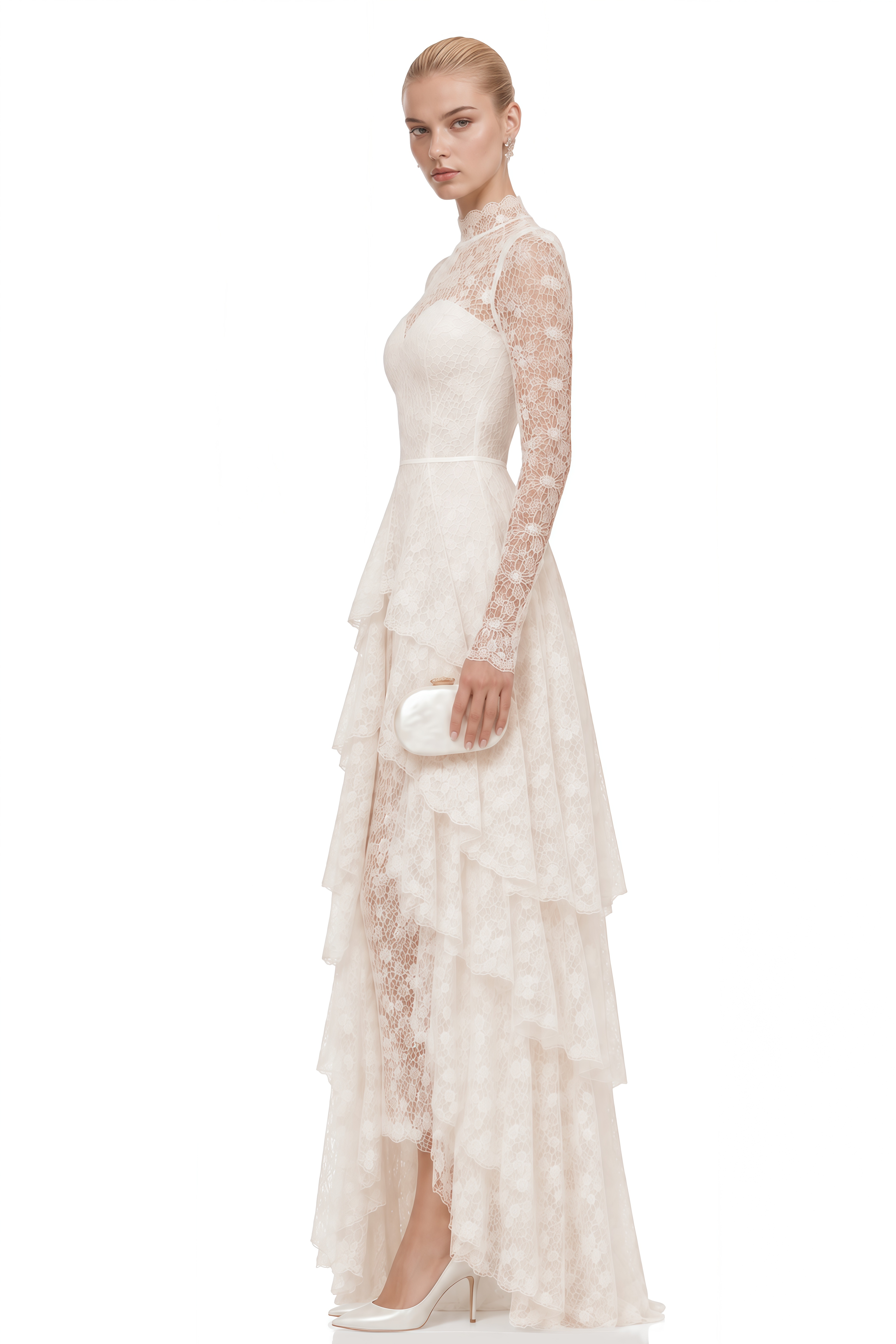 Elowen White Turtleneck Layered Ruffled Maxi Dress