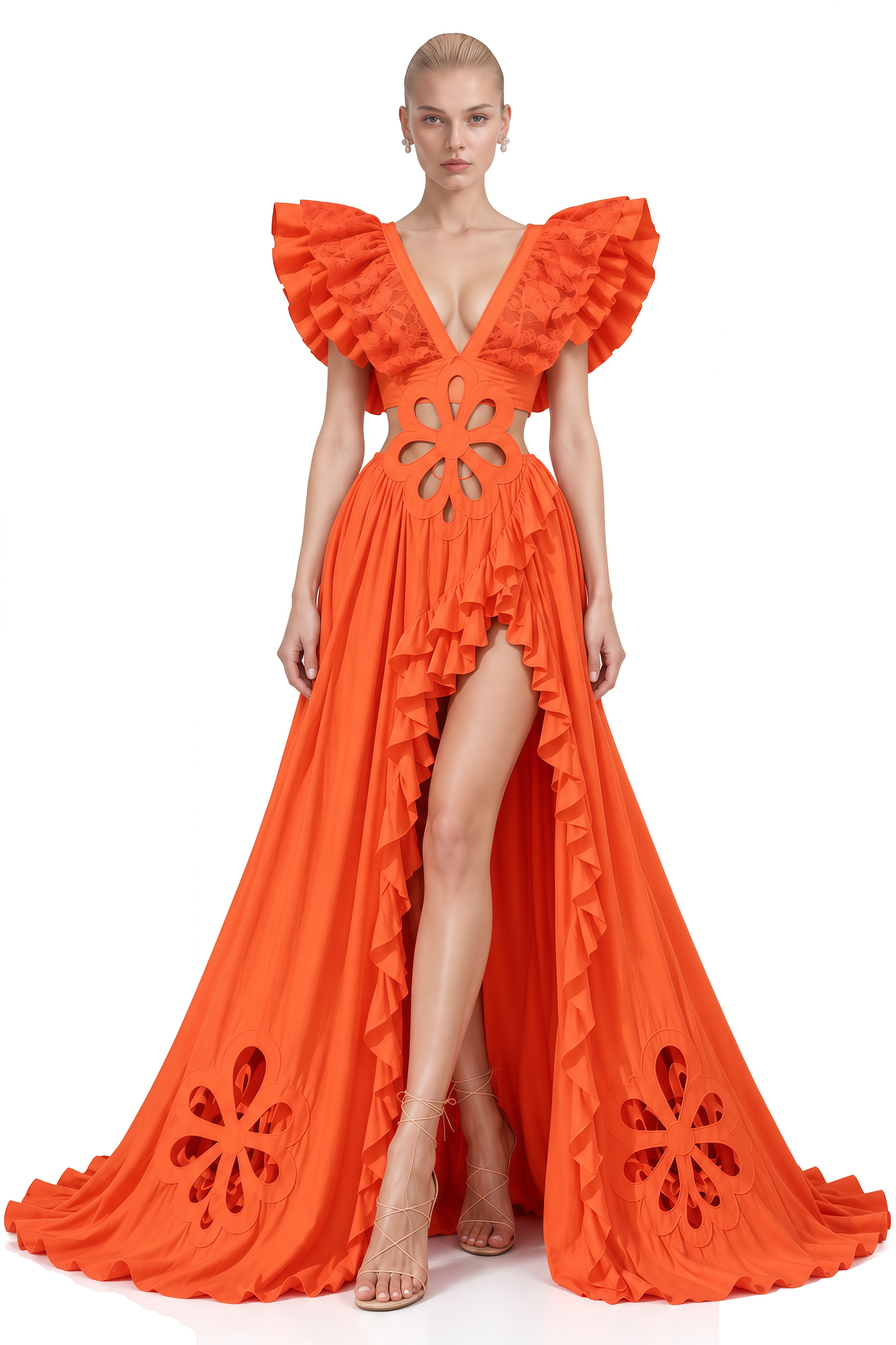 Vesper Orange Sleeveless Floral Cut-Out Maxi Dress