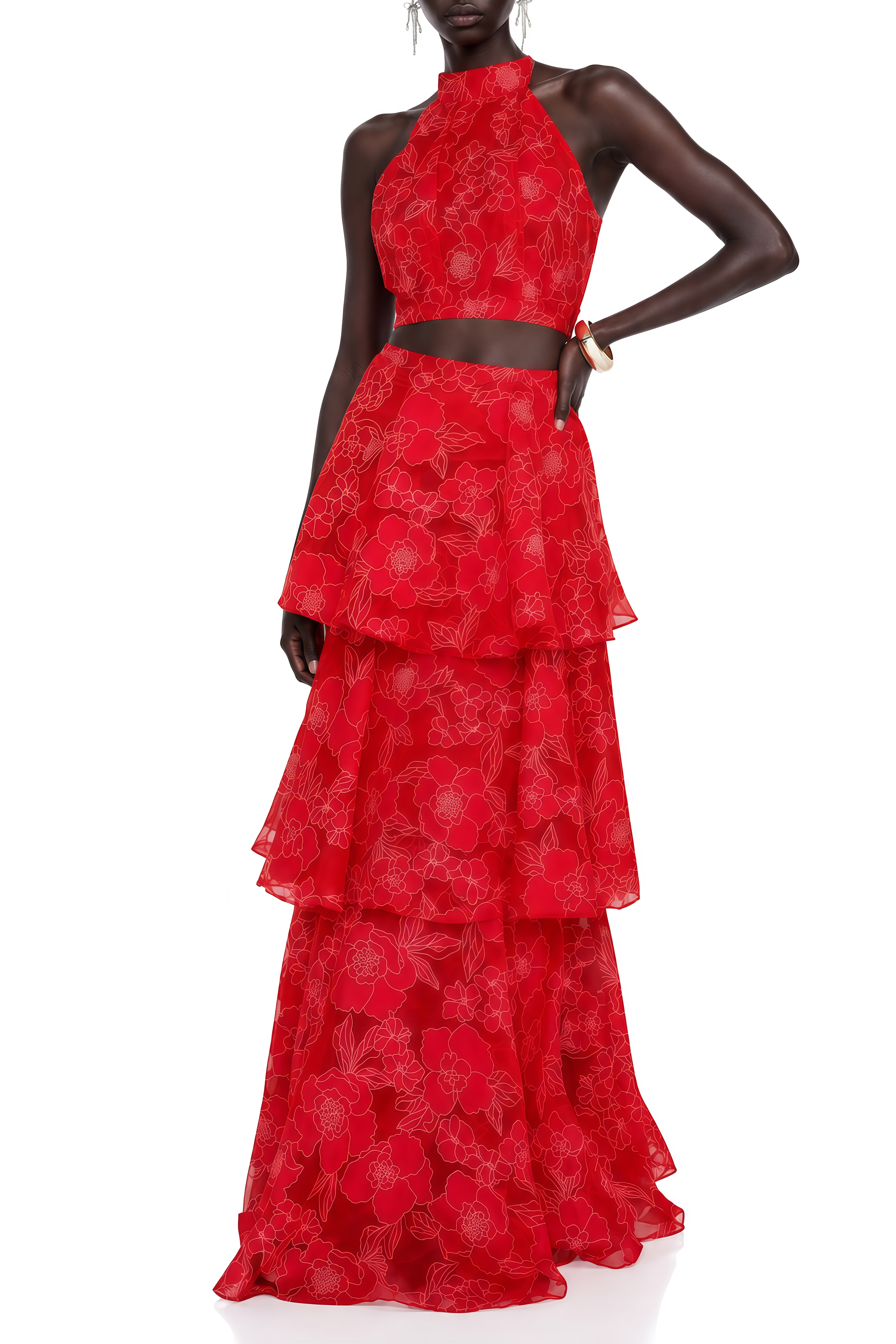 Camille Red Sleeveless Floral Top & Skirt Set