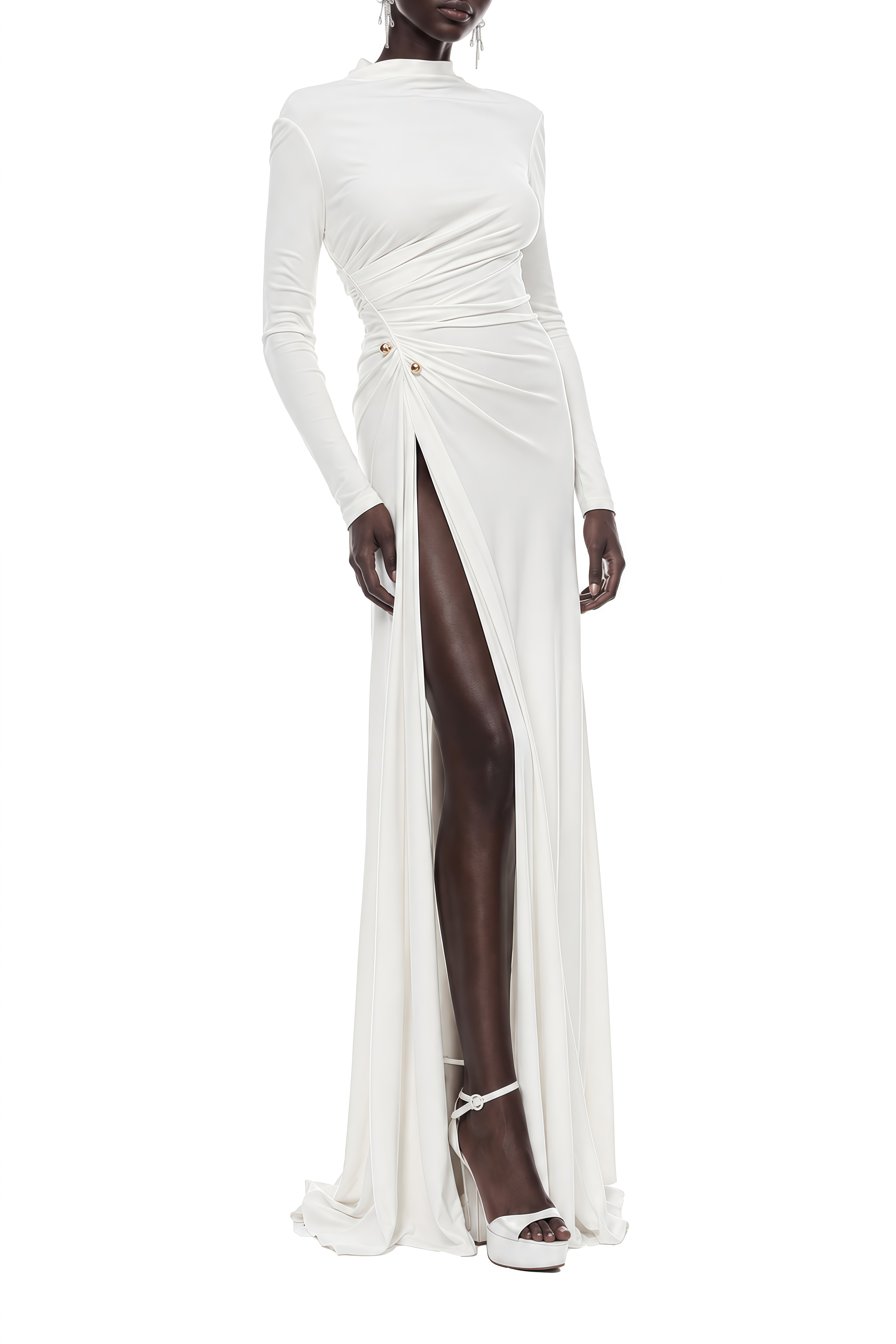 Liora White Turtleneck Ruched Maxi Dress