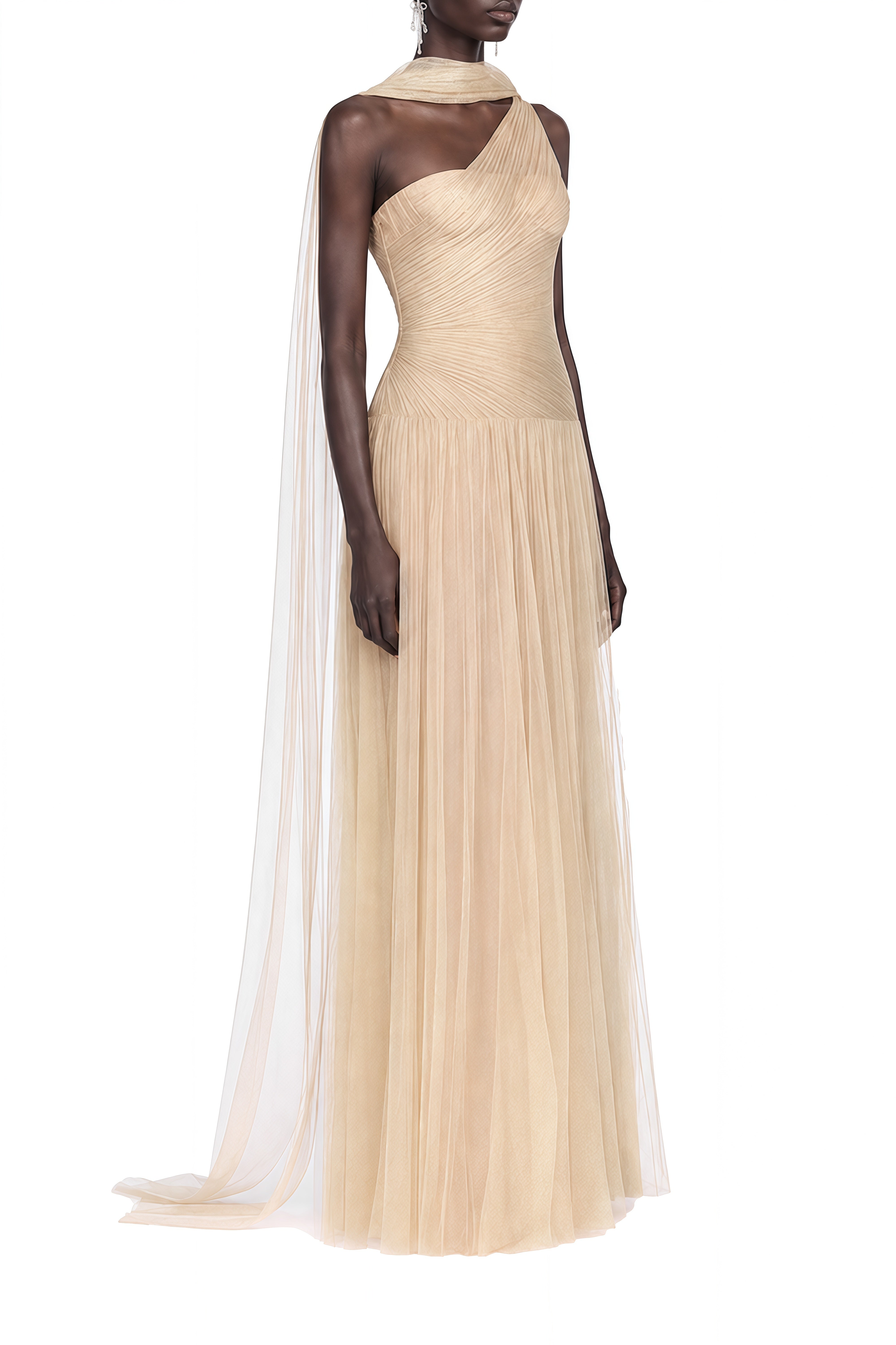 Coralie Champagne Asymmetrical Draped Maxi Dress