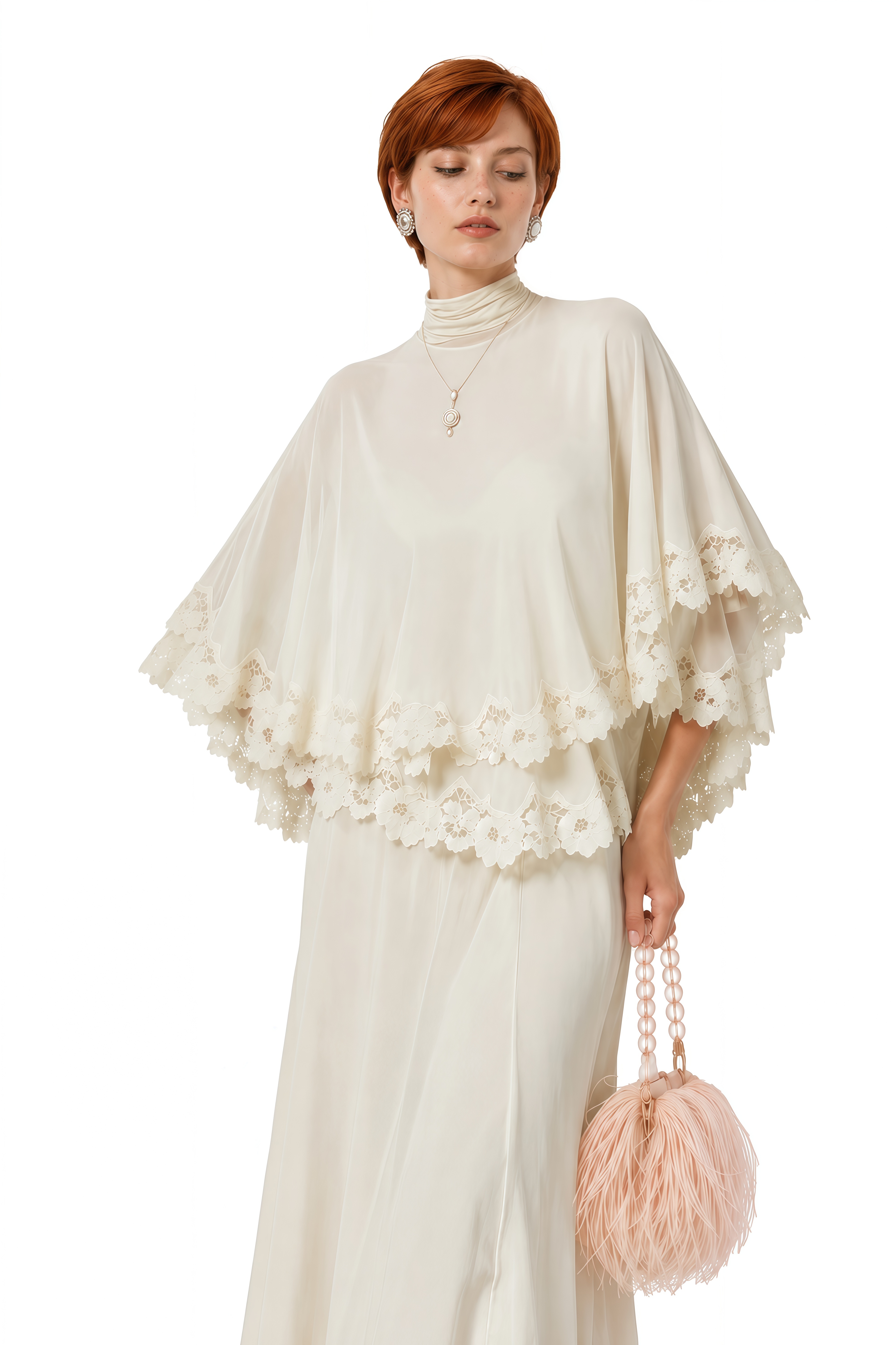 Iris Ivory Cape Sleeve Lace Top & Skirt Set