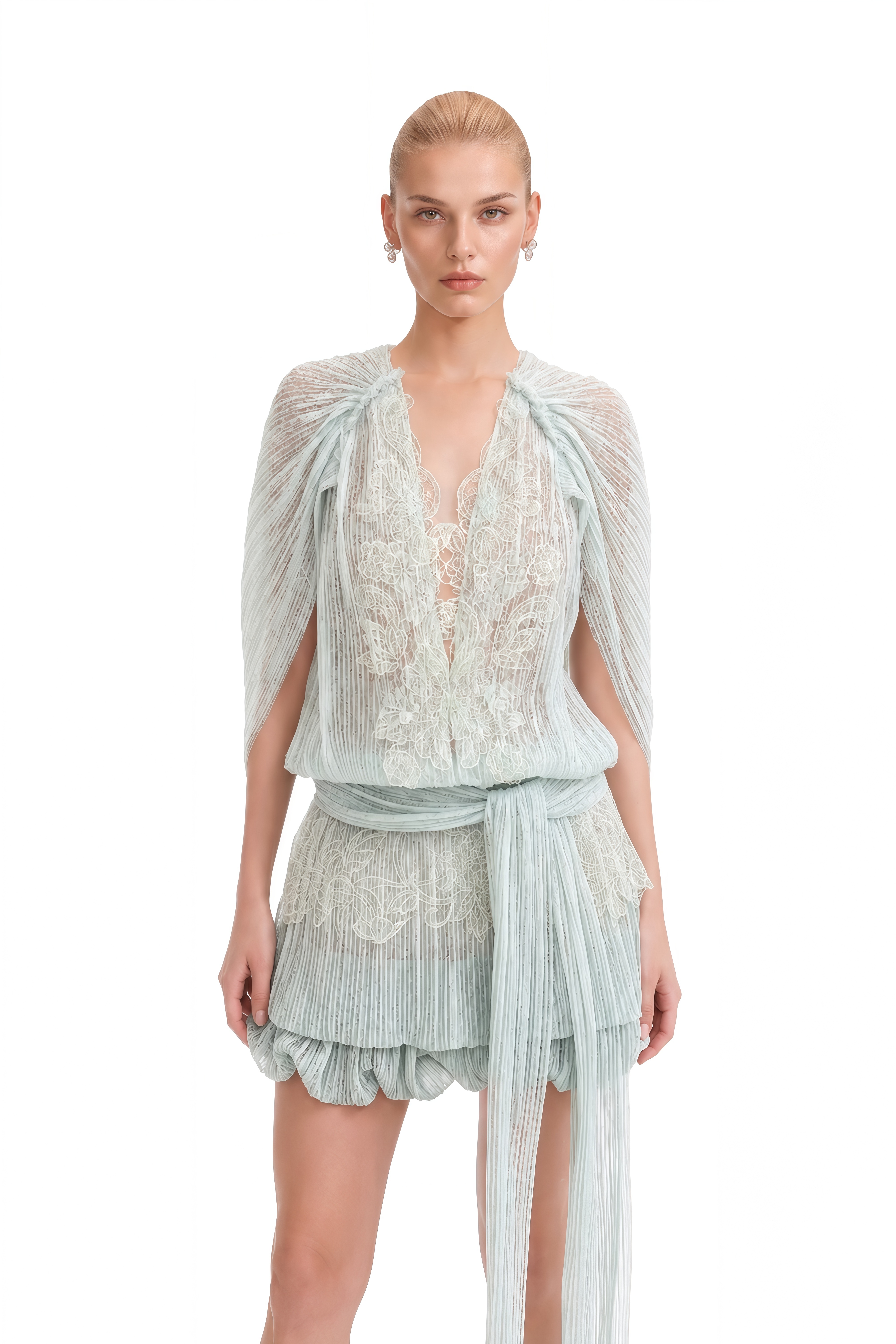 Juliet Mint Green Cape Sleeve Lace Mini Dress
