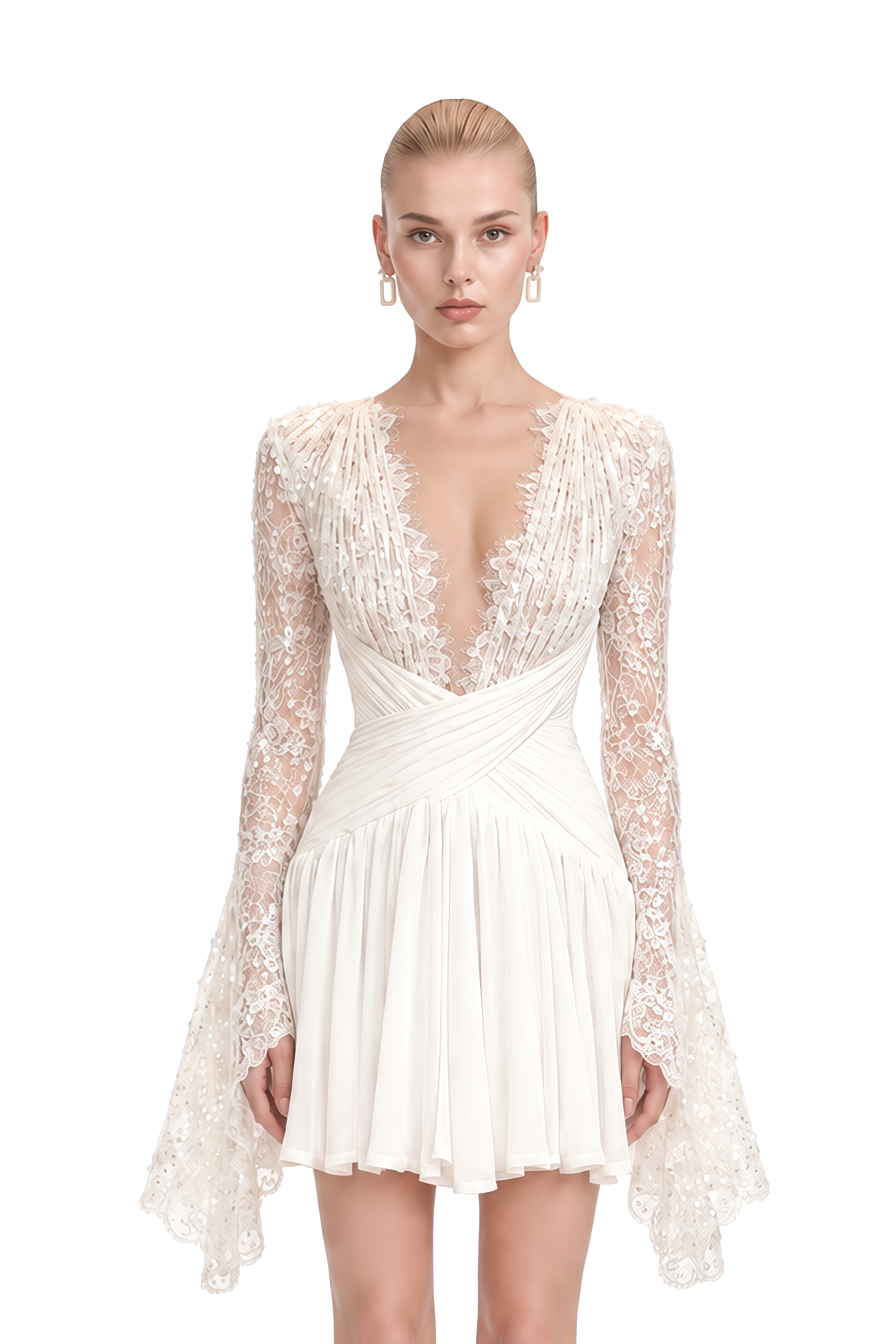 Nerissa White Long Sleeves Pleated Mini Dress