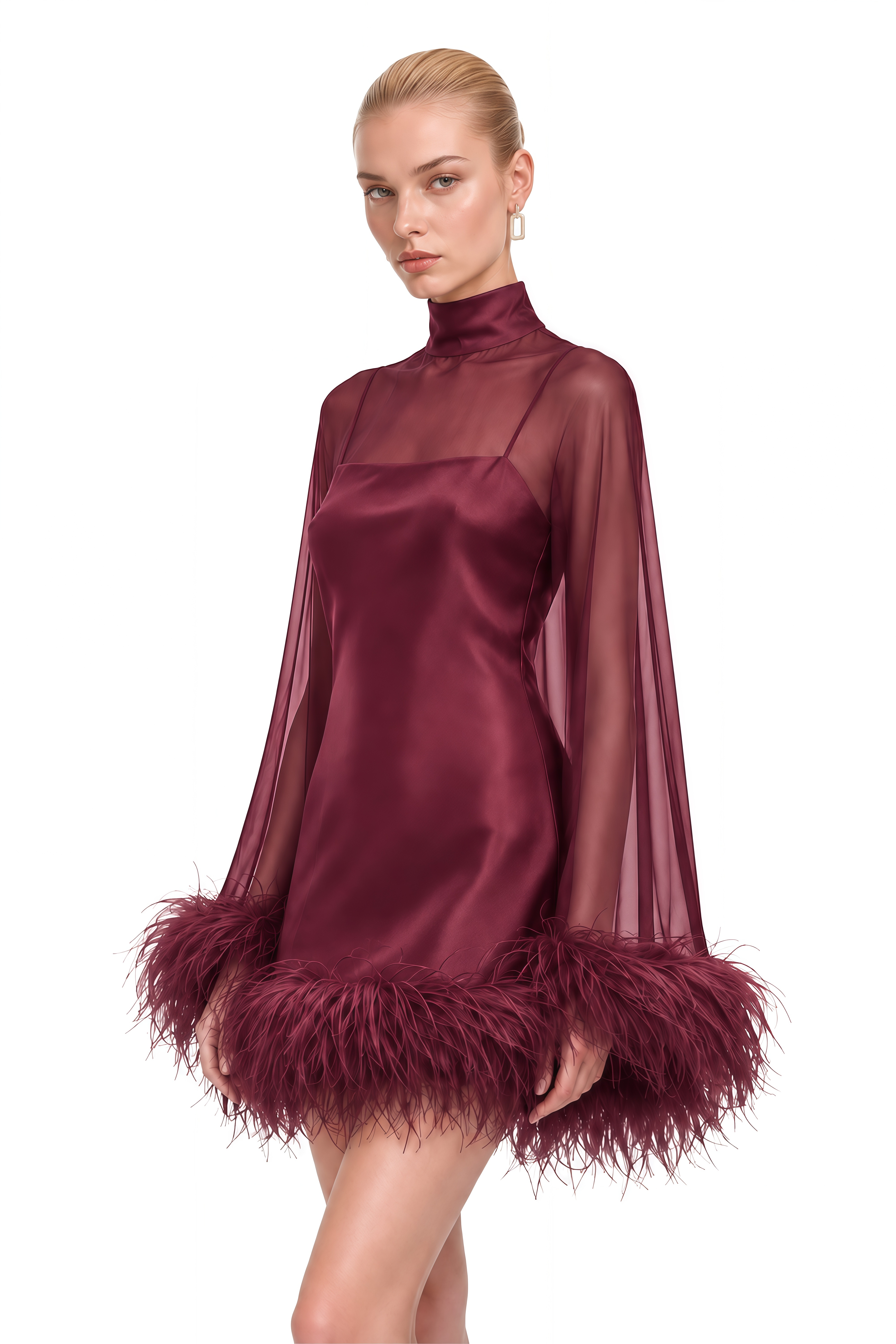 Ivy Red Turtleneck Feather-Trim Mini Dress