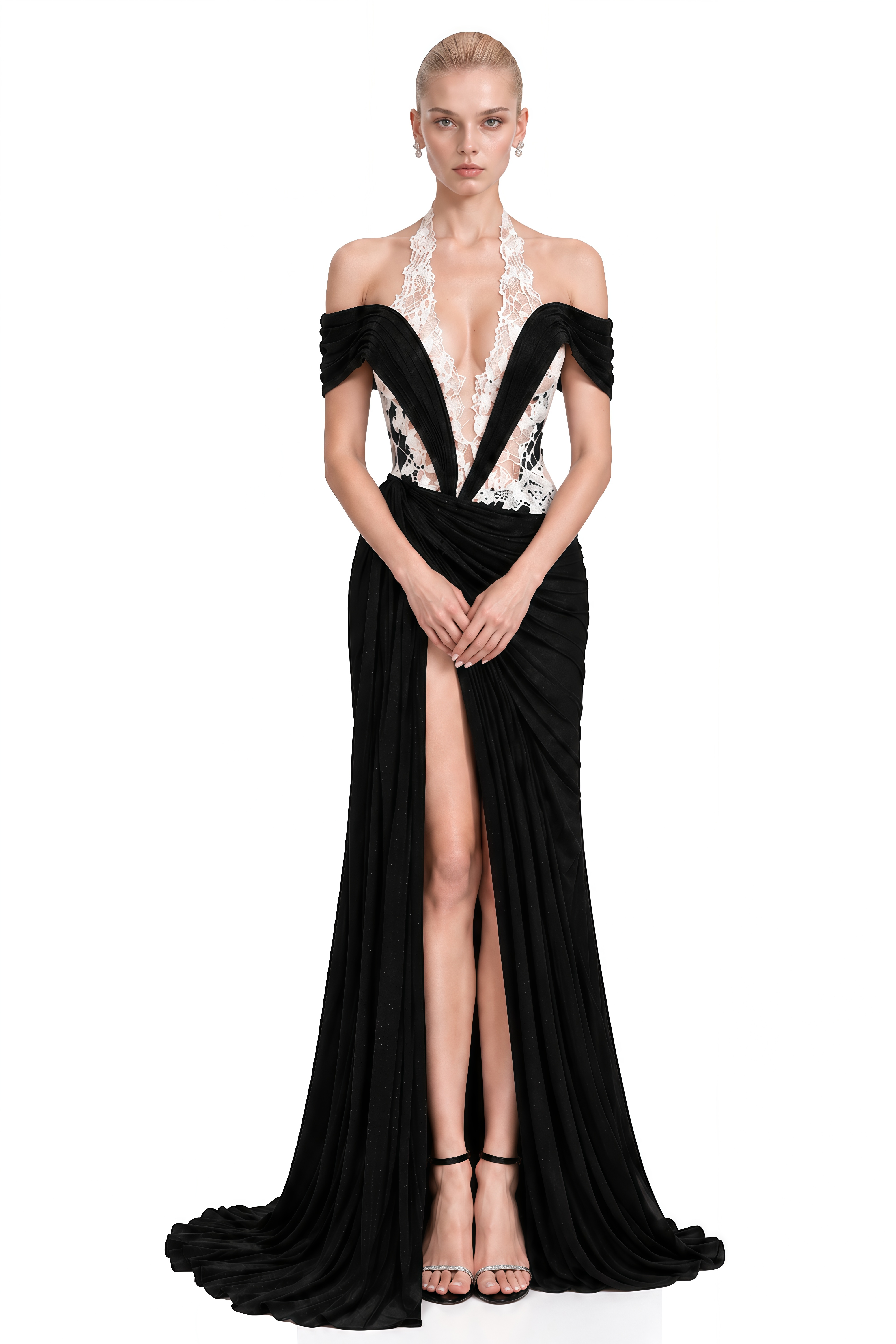 Luna Black Halterneck Contrast Lace Maxi Dress