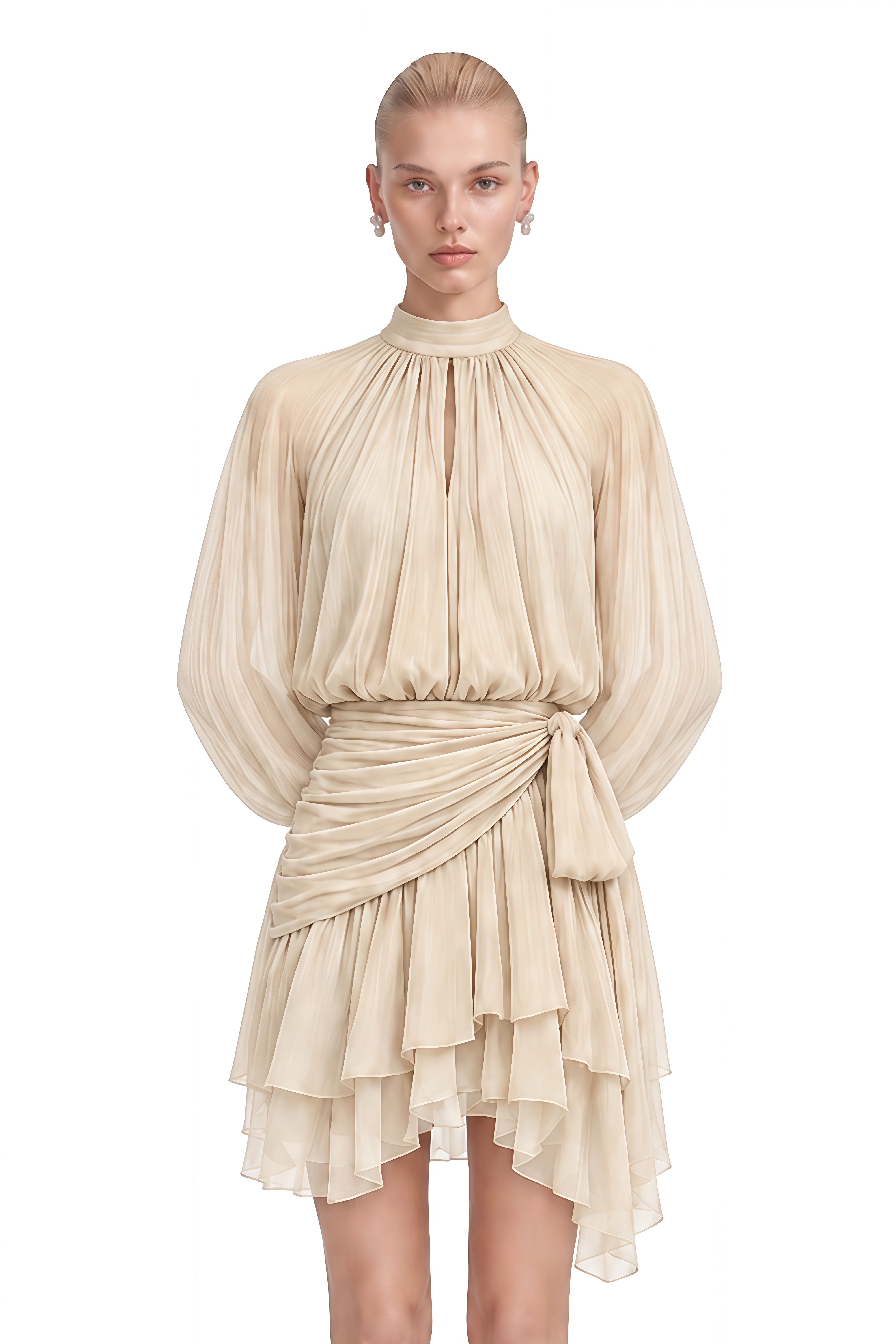 Margaret Champagne Turtleneck Ruffled Mini Dress