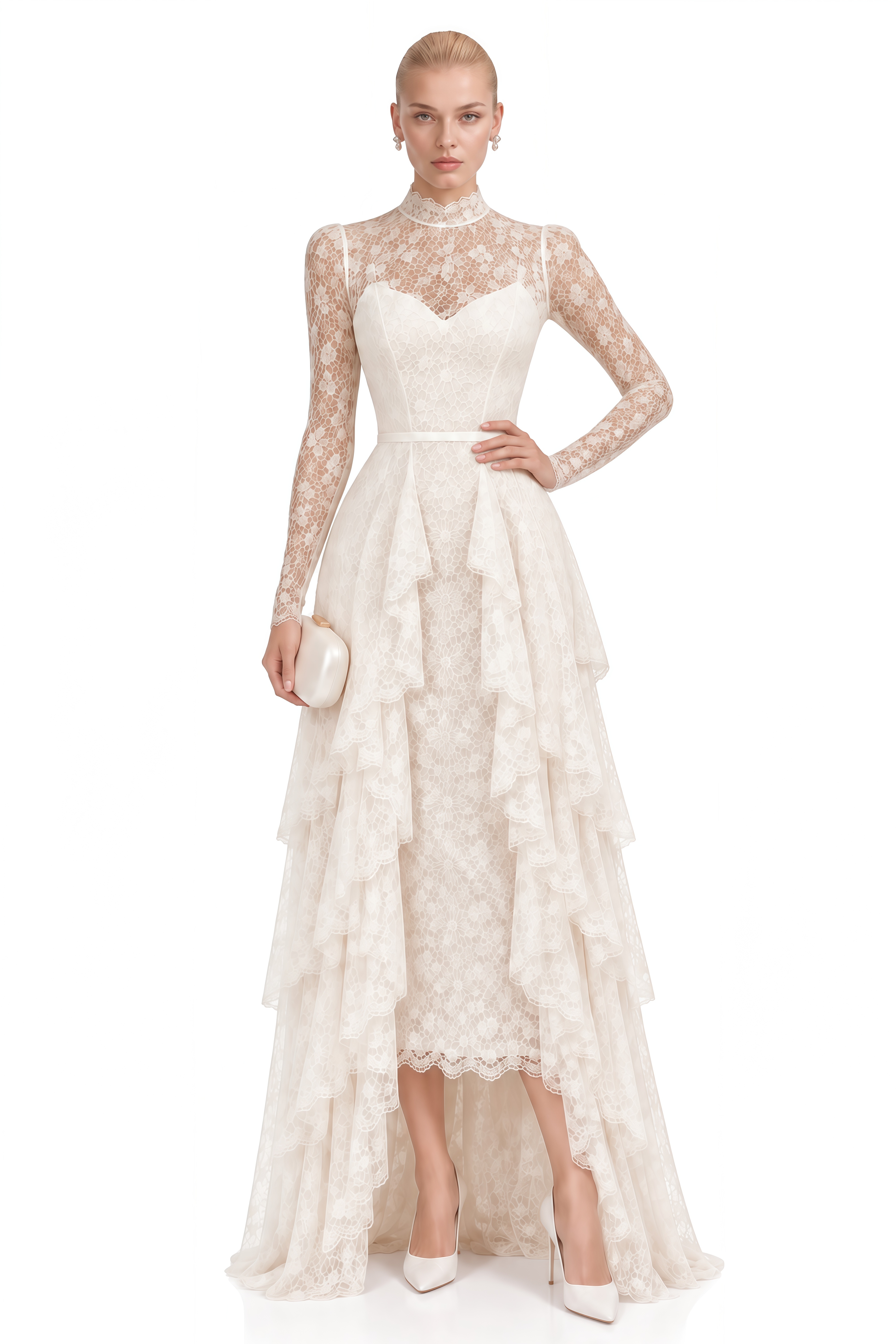 Elowen White Turtleneck Layered Ruffled Maxi Dress