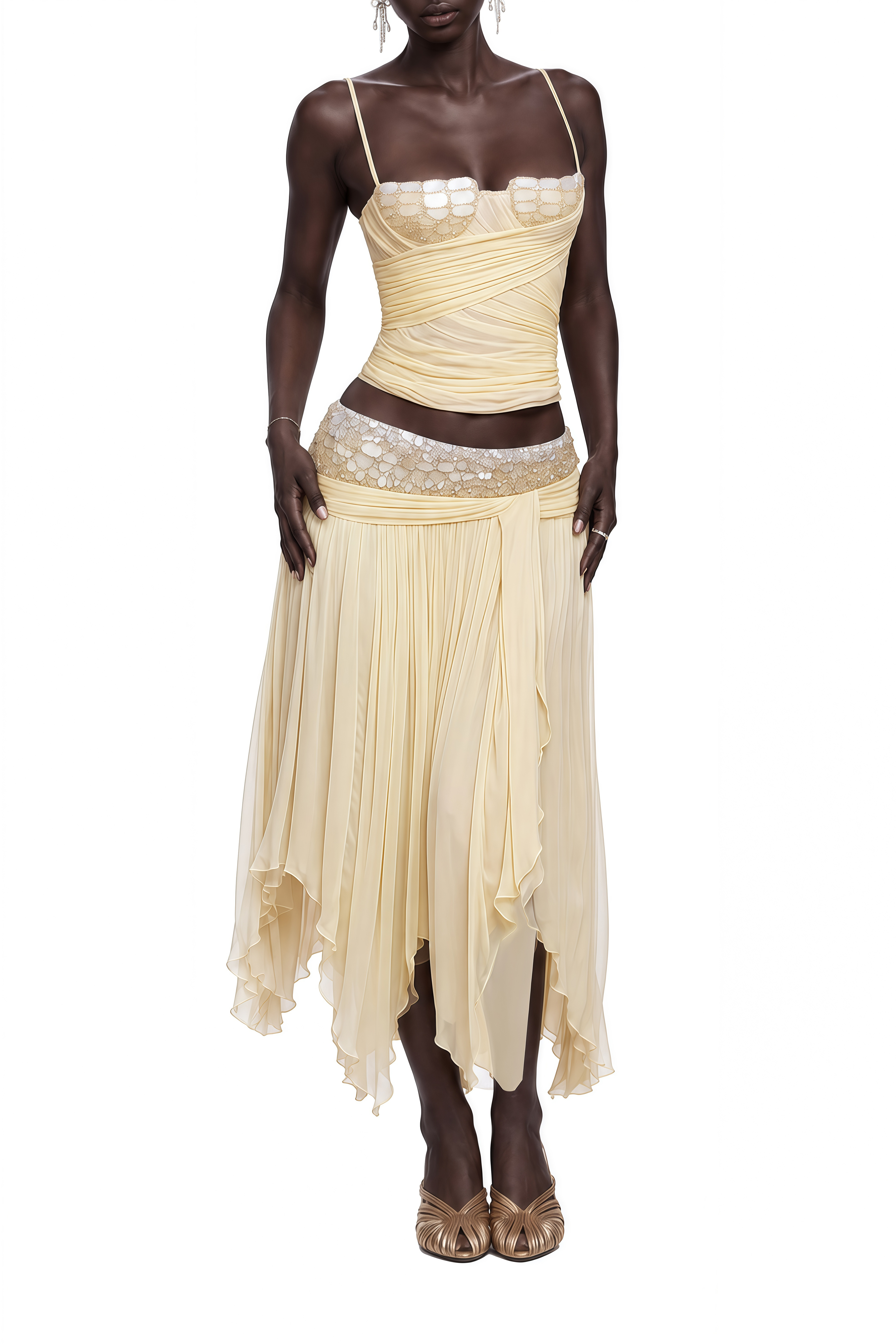 Thalia Yellow Sleeveless Draped Top & Skirt Set