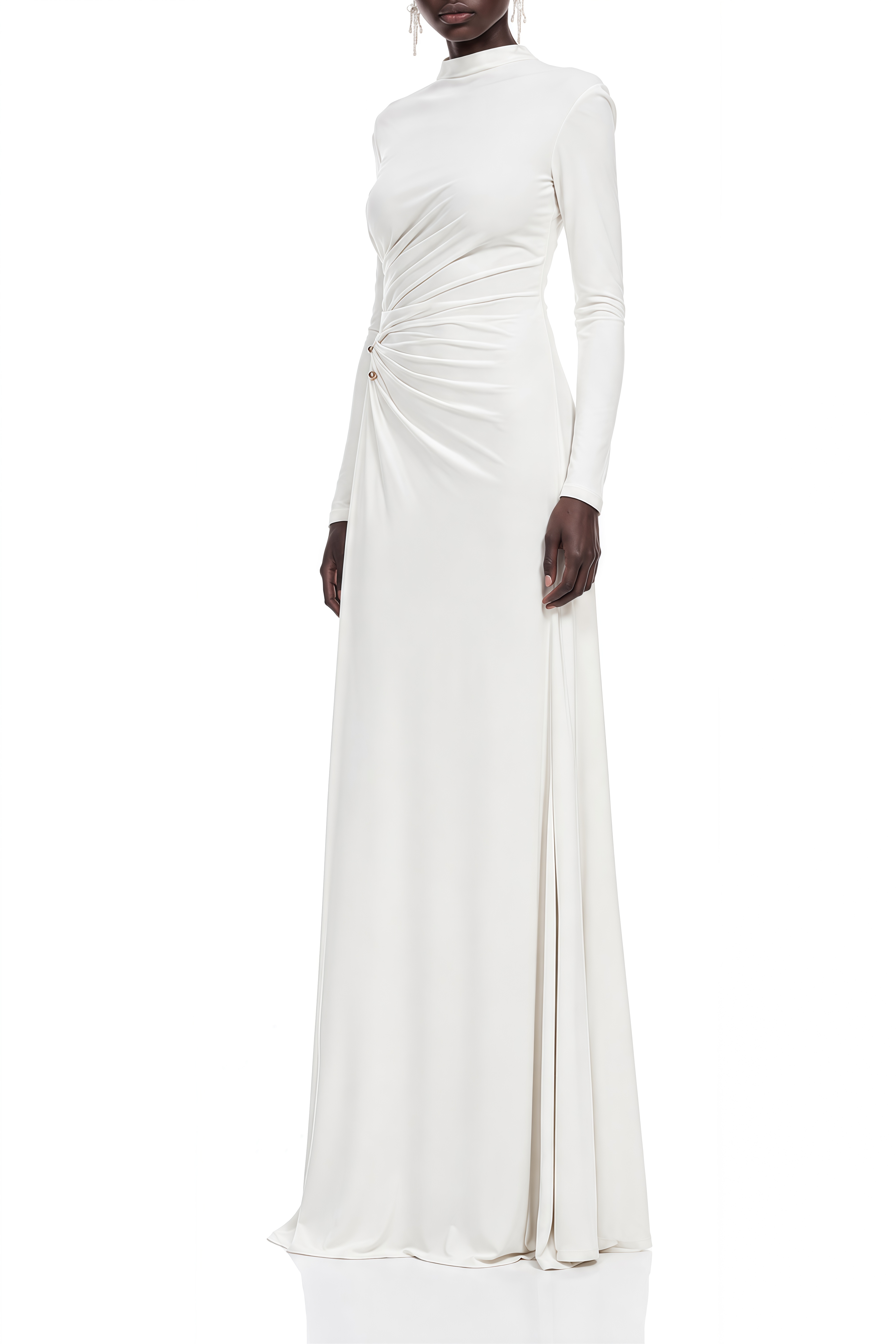 Liora White Turtleneck Ruched Maxi Dress