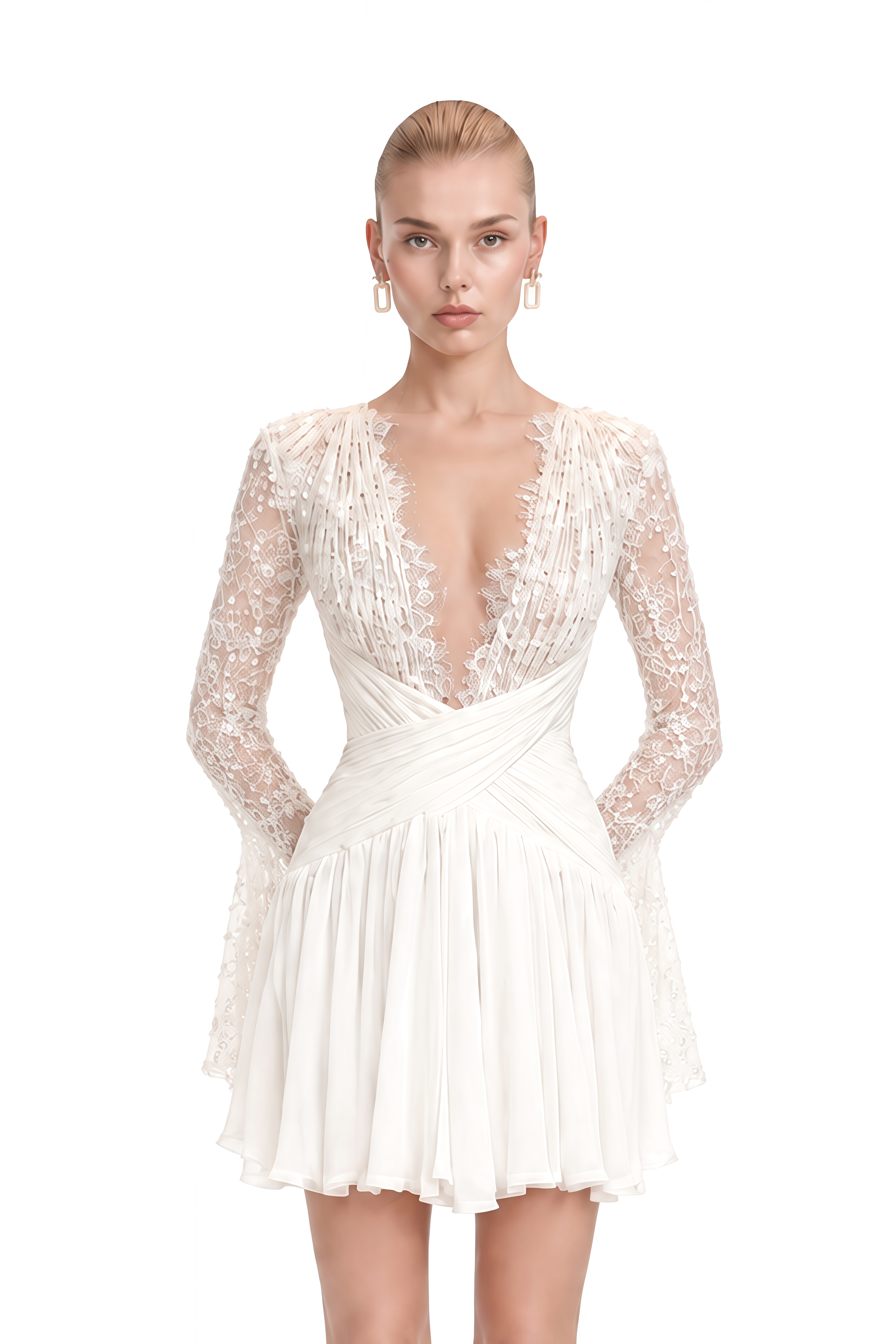 Nerissa White Long Sleeves Pleated Mini Dress