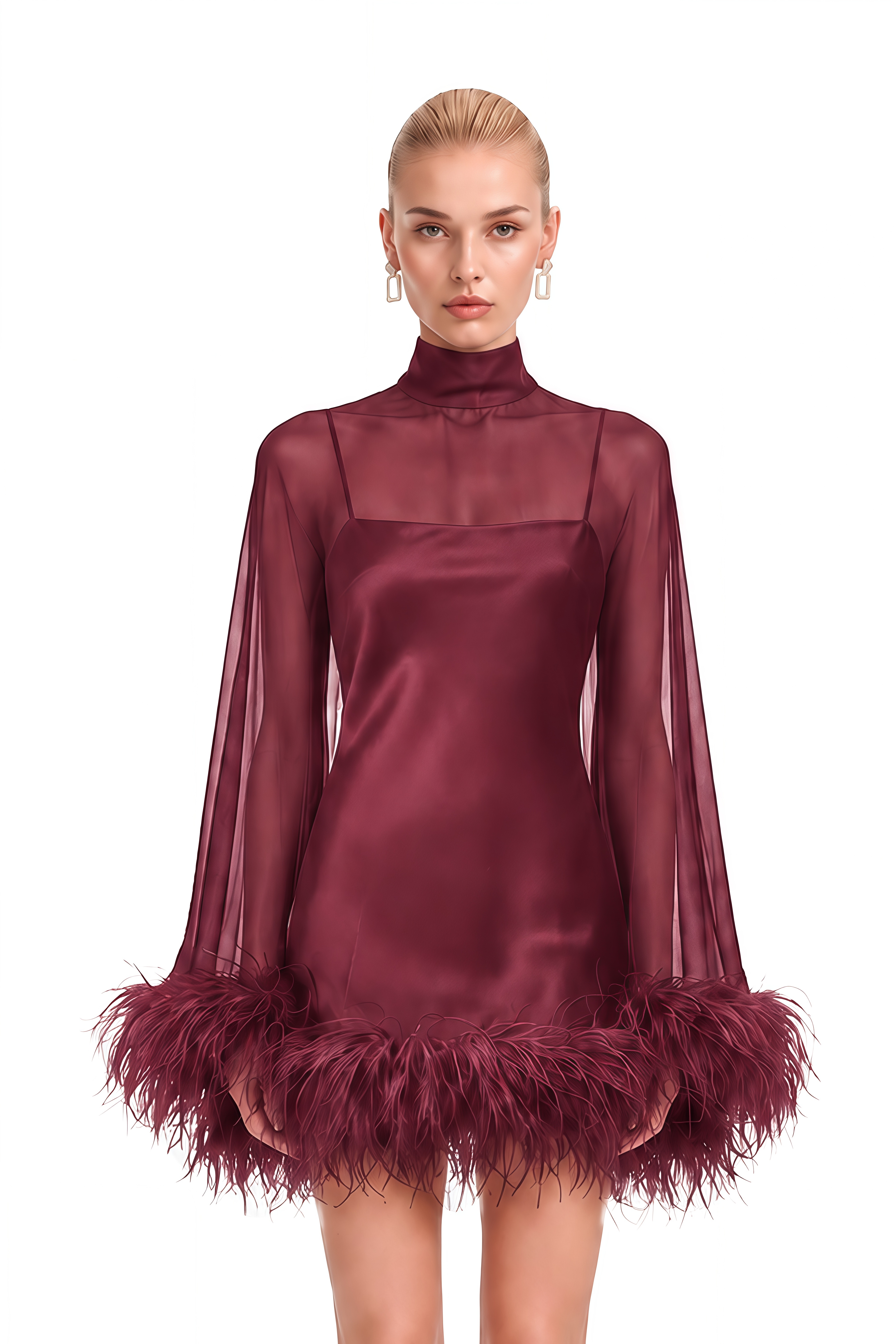 Ivy Red Turtleneck Feather-Trim Mini Dress