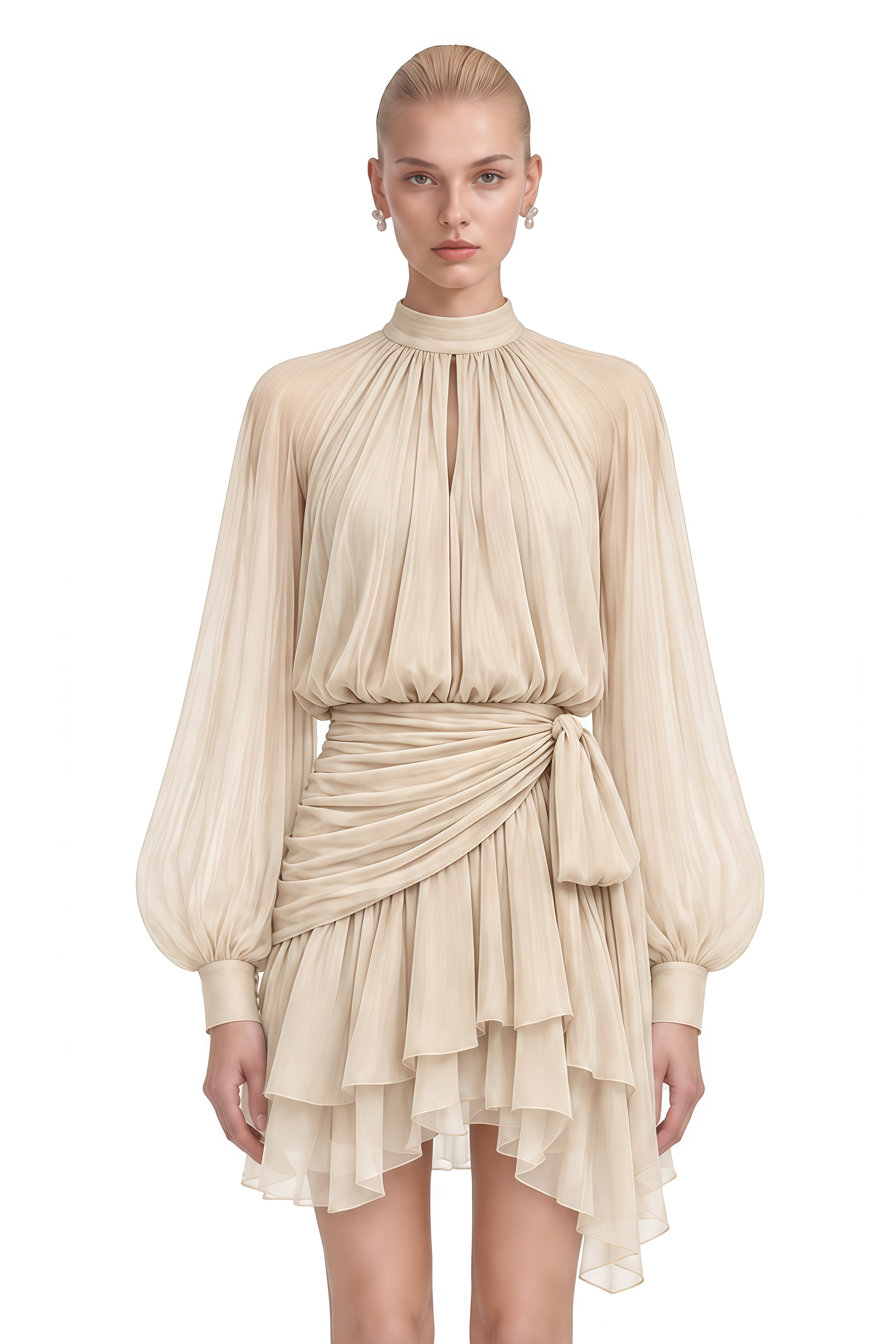 Margaret Champagne Turtleneck Ruffled Mini Dress