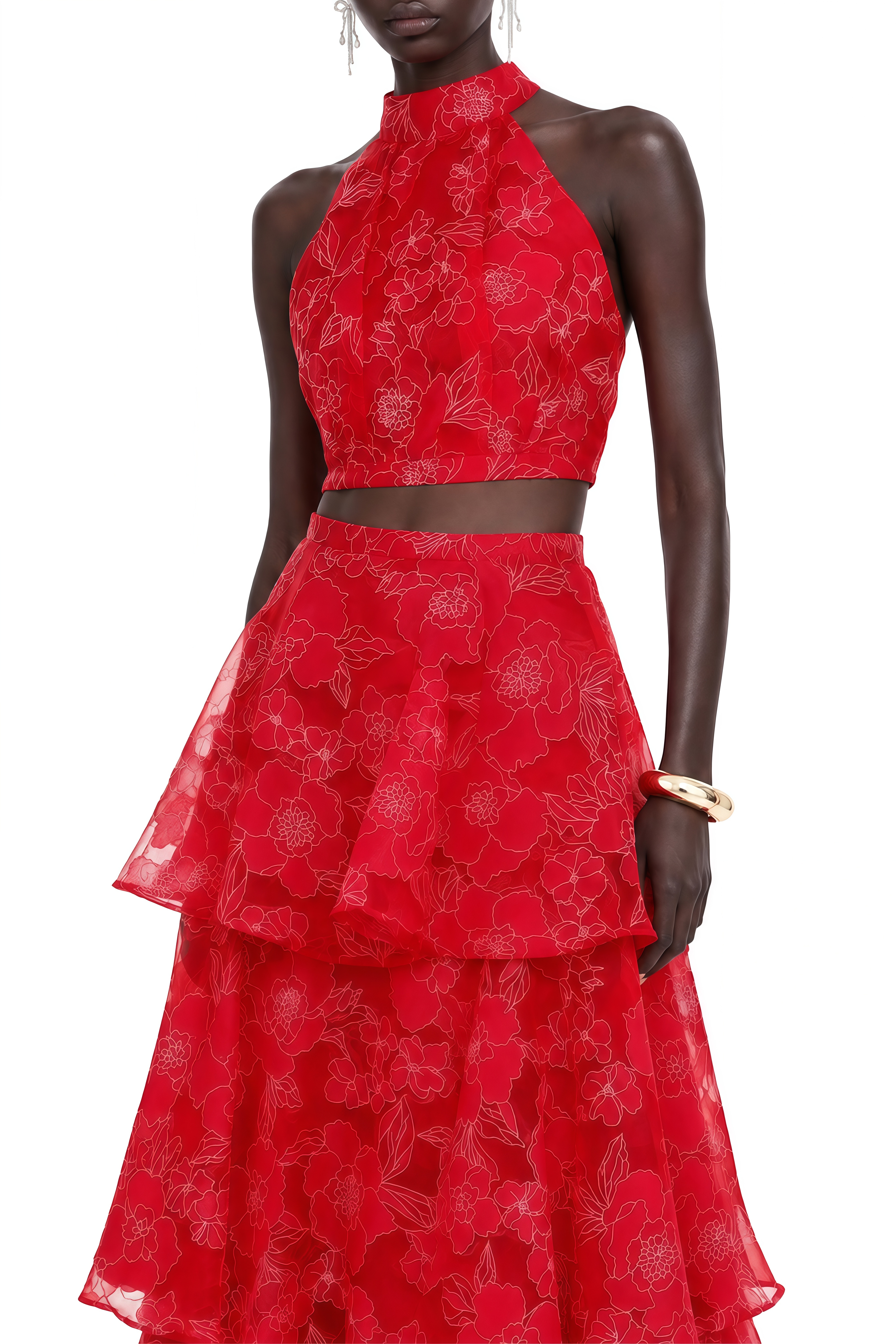 Camille Red Sleeveless Floral Top & Skirt Set