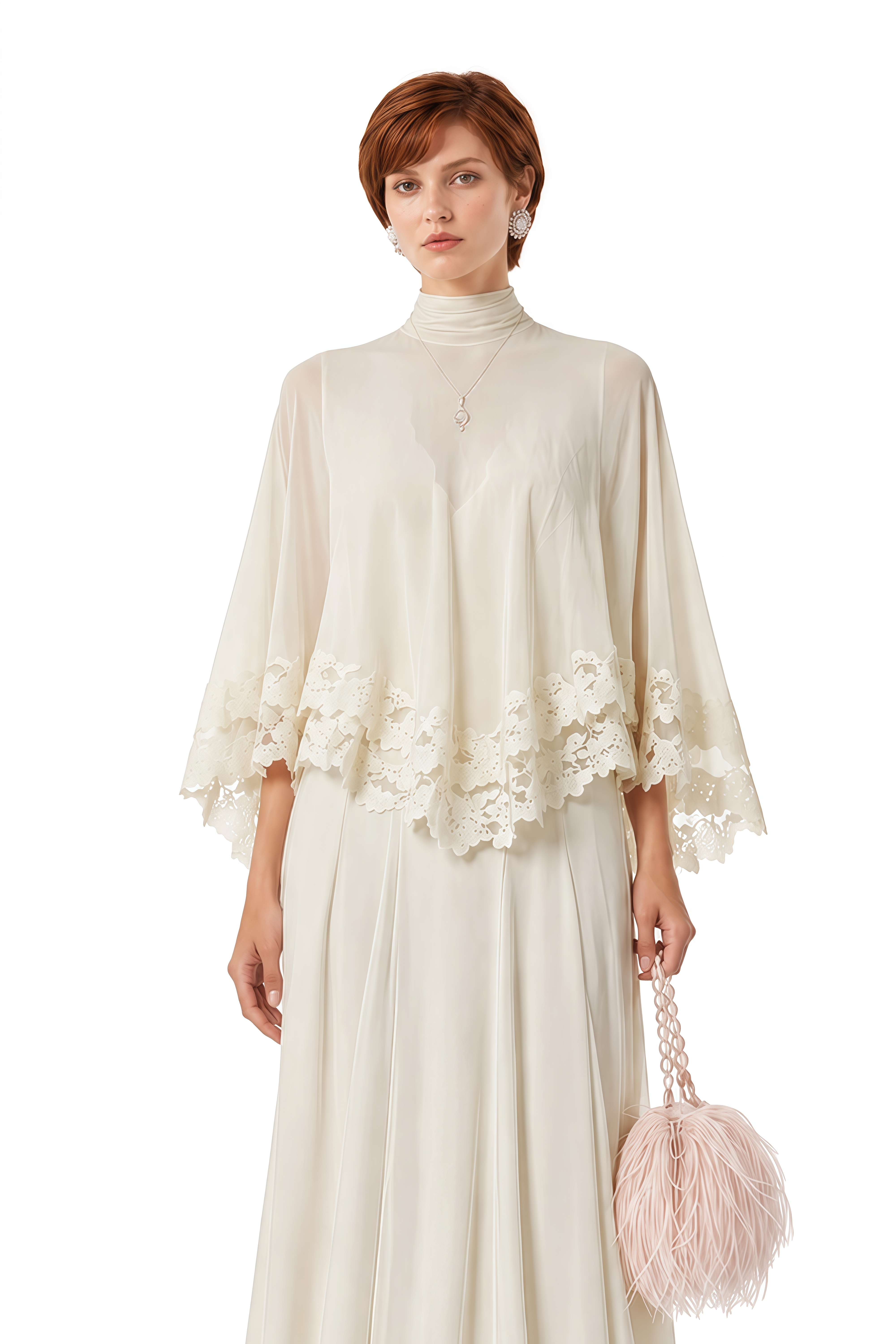 Iris Ivory Cape Sleeve Lace Top & Skirt Set