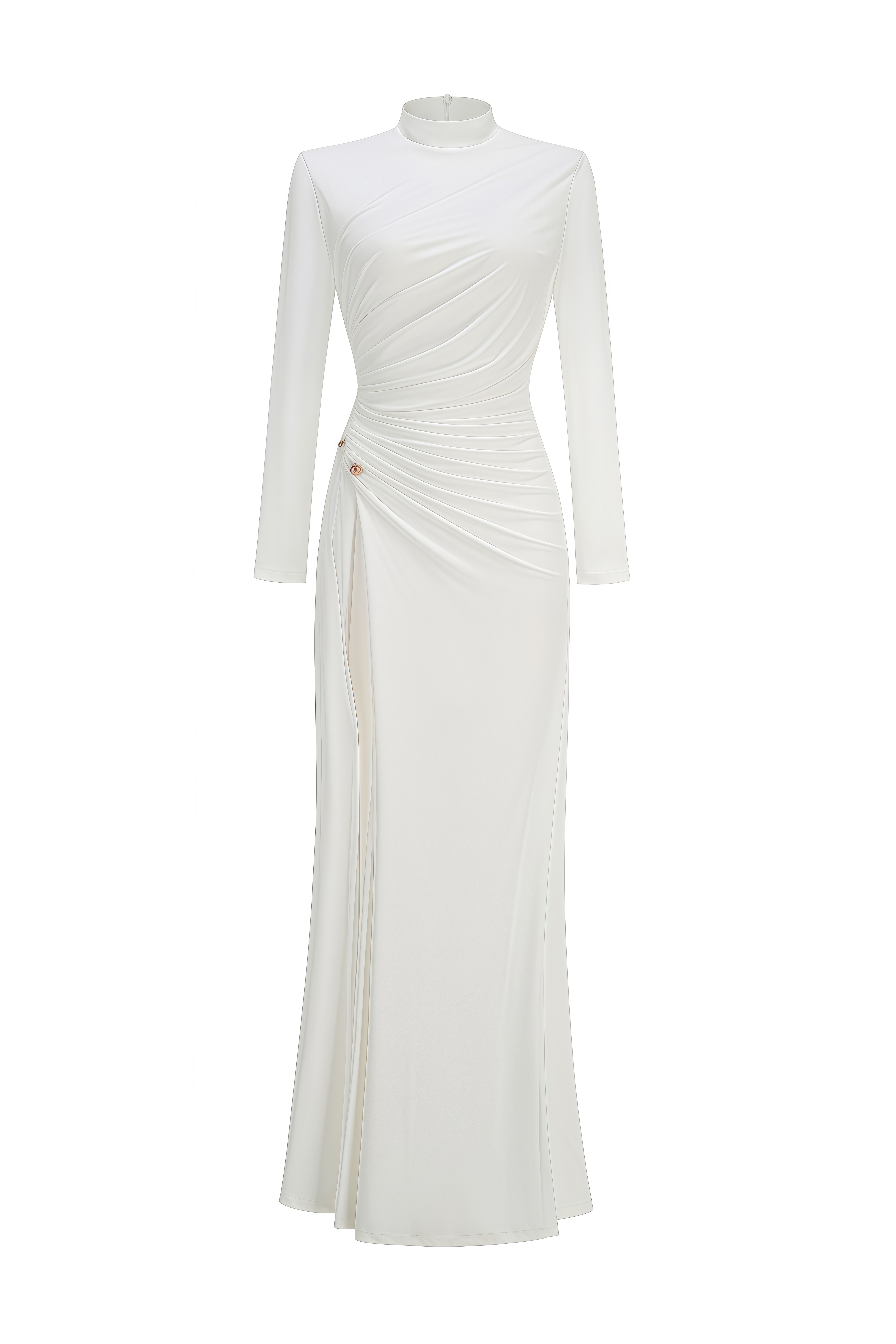 Liora White Turtleneck Ruched Maxi Dress