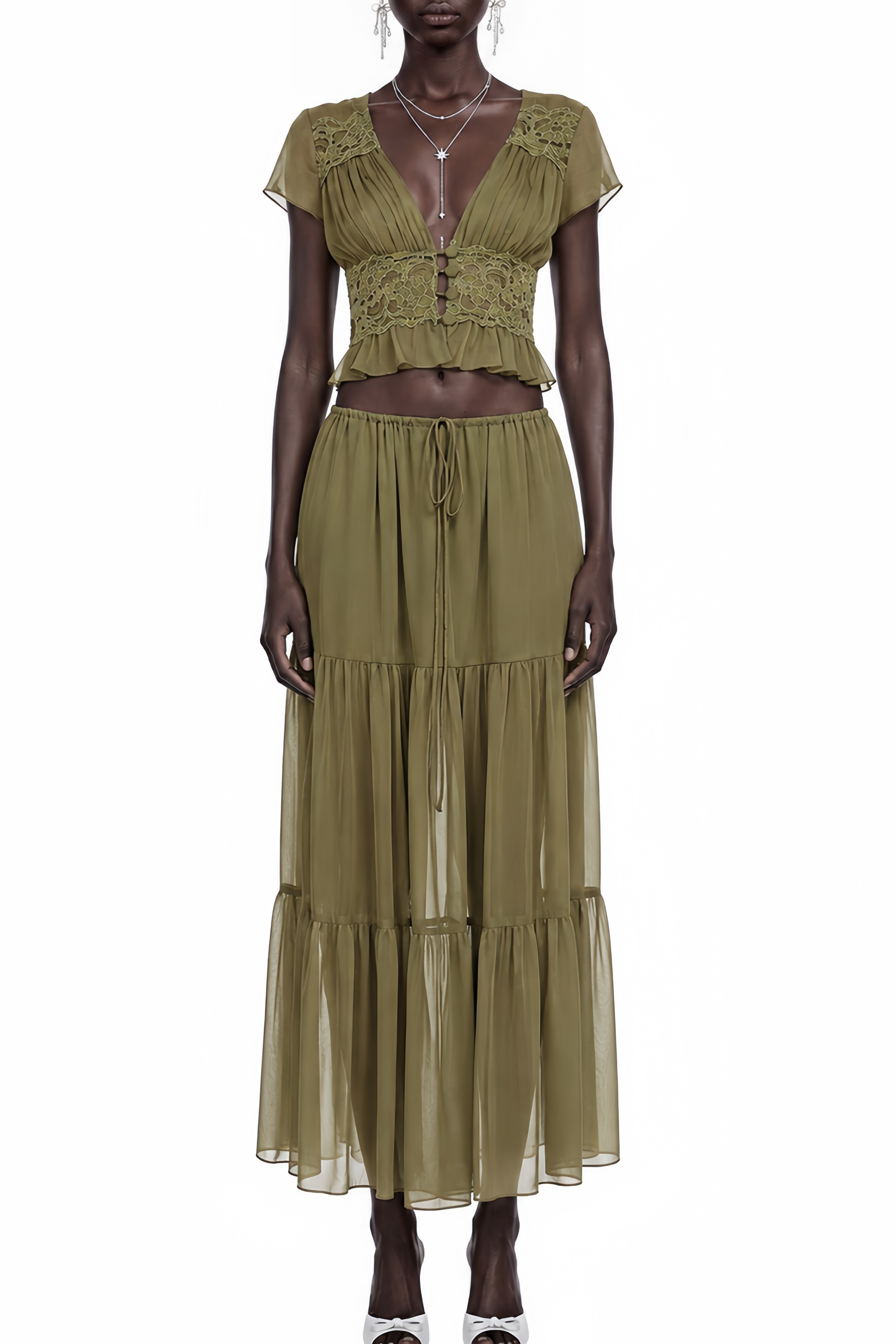 Juniper Green Puff Sleeve Ruched Top & Skirt Set