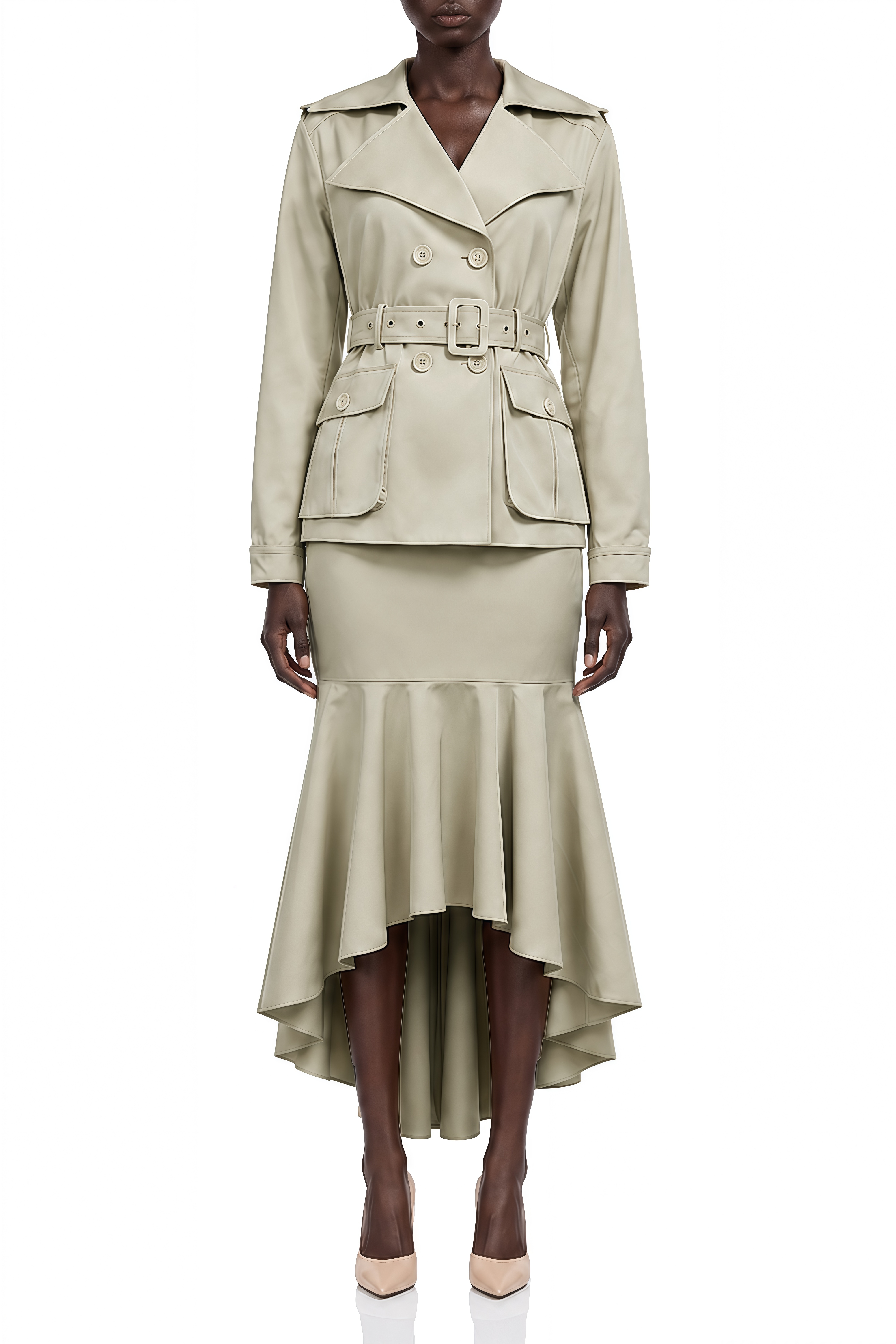 Austen Khaki Long Sleeves Asymmetrical Jacket & Skirt Set