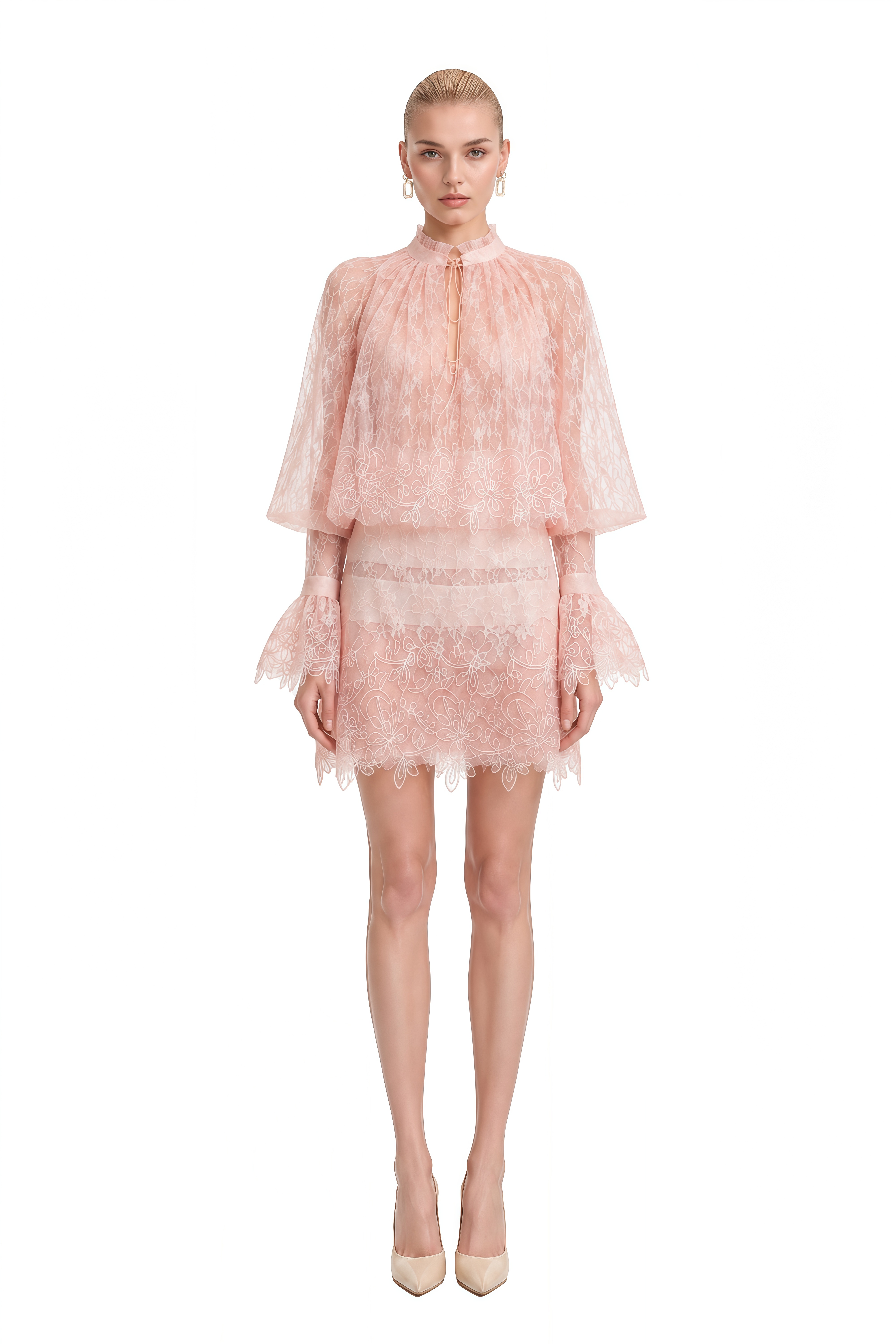 Rosalind Pink Puff Sleeve Lace Mini Dress