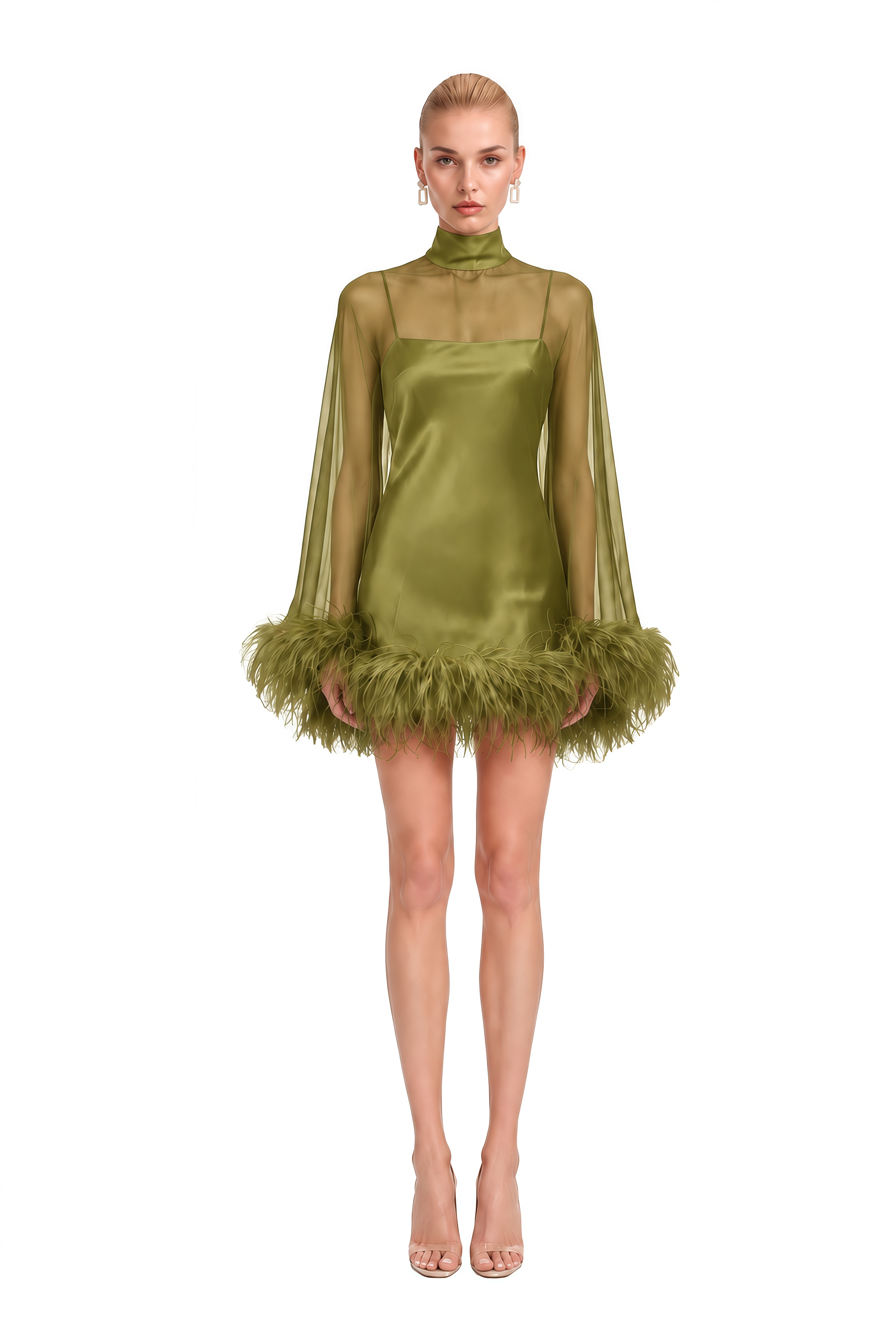 Ivy Green Turtleneck Feather-Trim Mini Dress