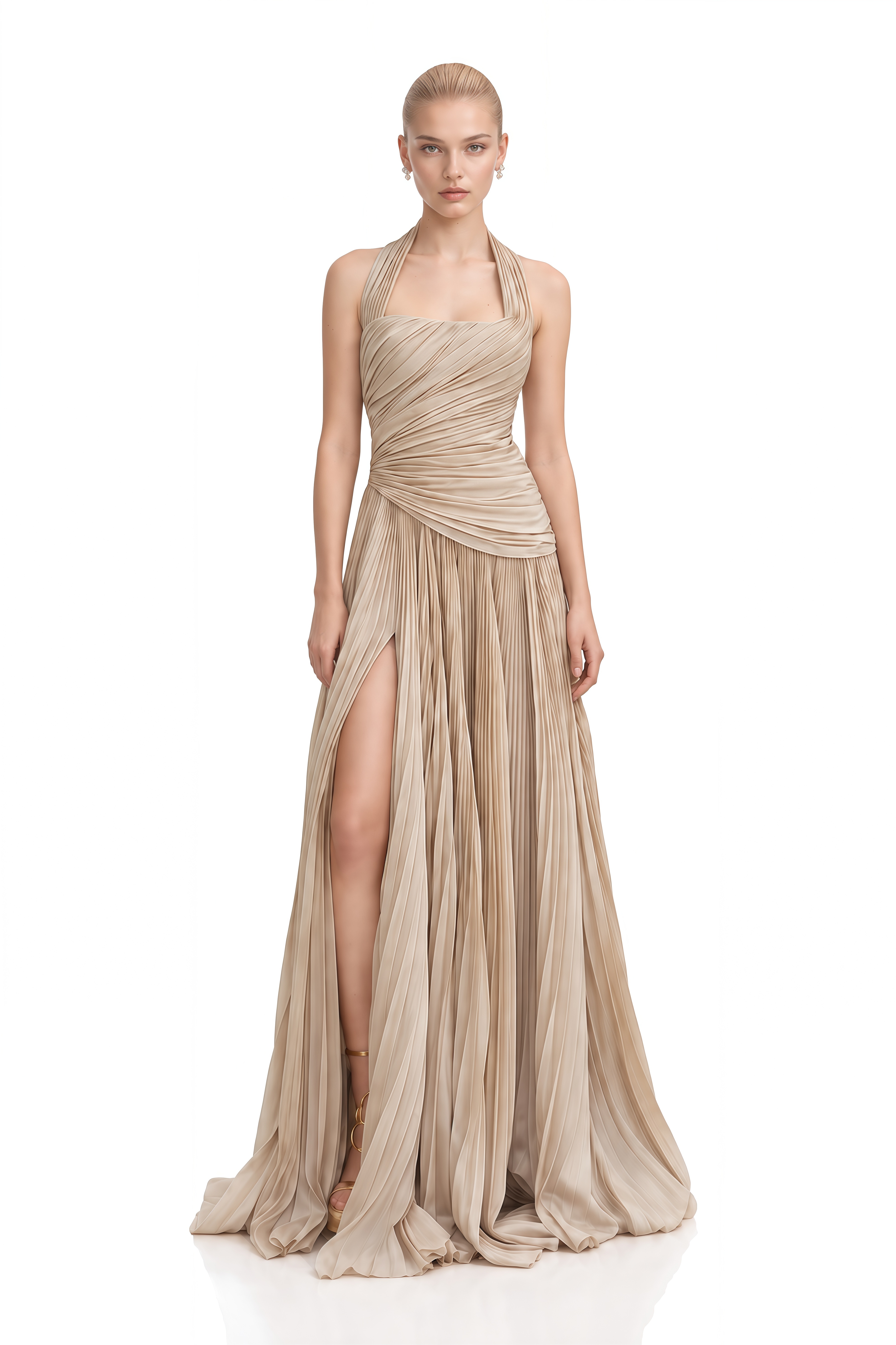 Isolde Champagne Halterneck Asymmetrical Maxi Dress