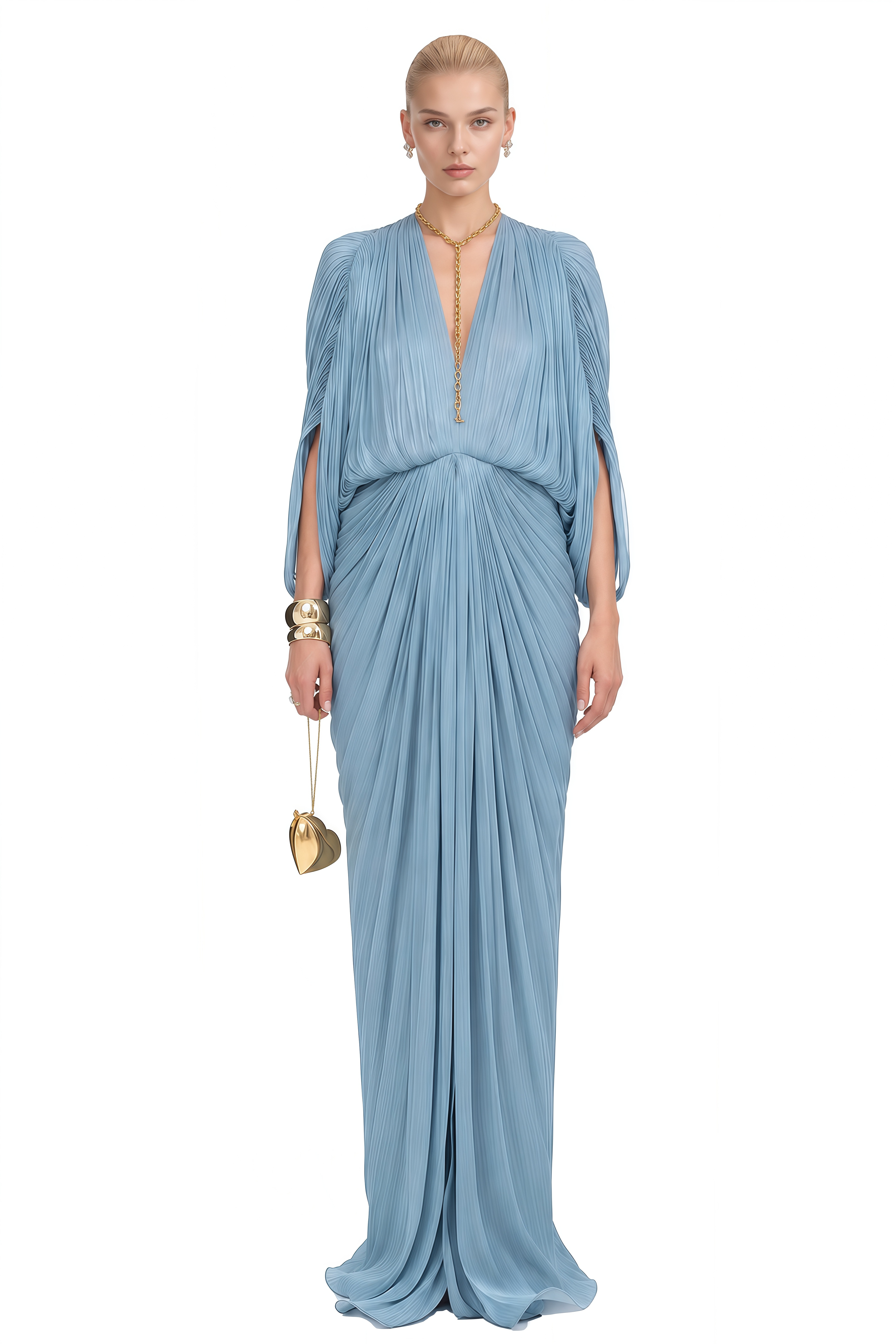 Audrey Blue Puff Sleeve Draped Maxi Dress
