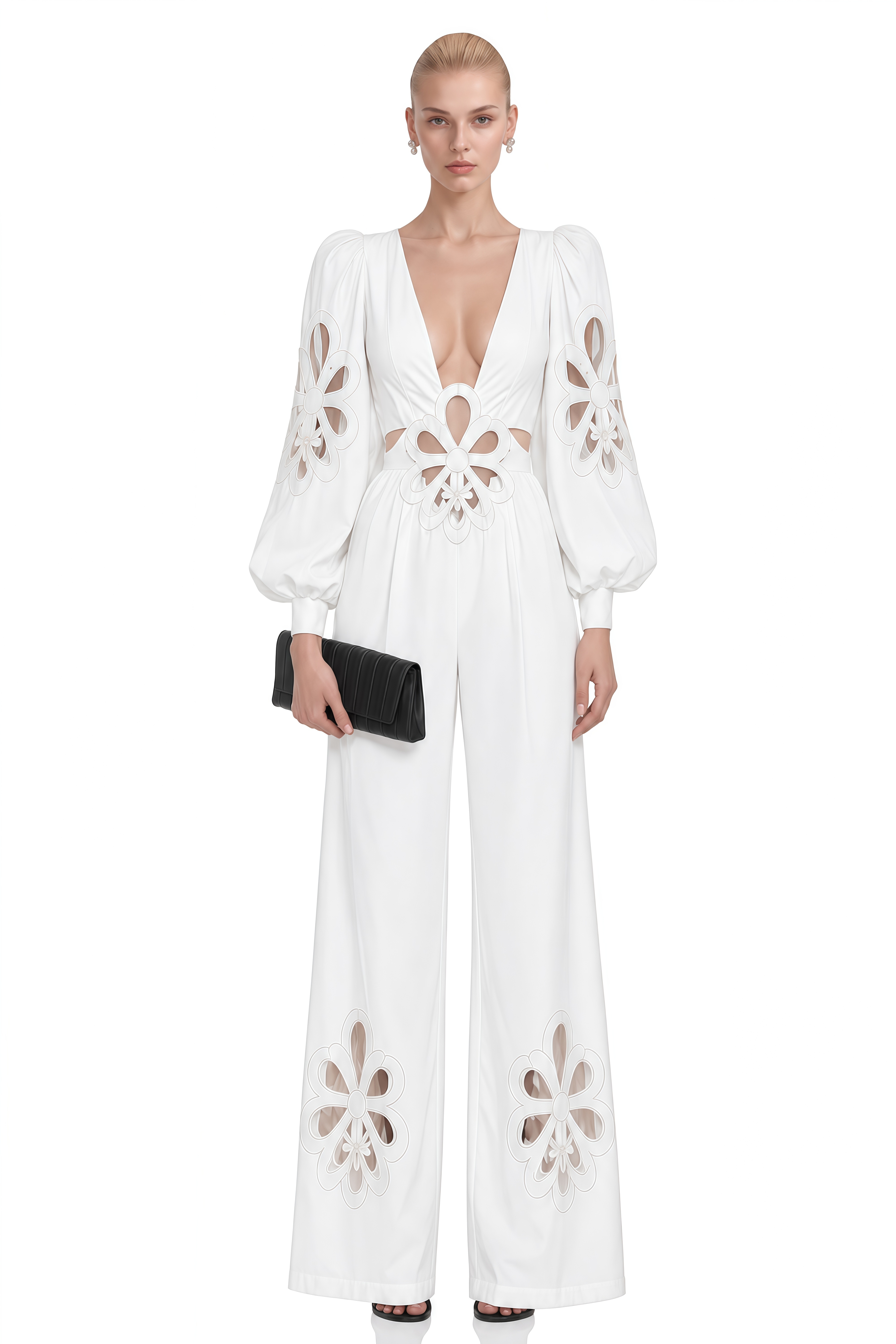 Ophelia White V-Neck Floral Cut-Out Jumpsuit