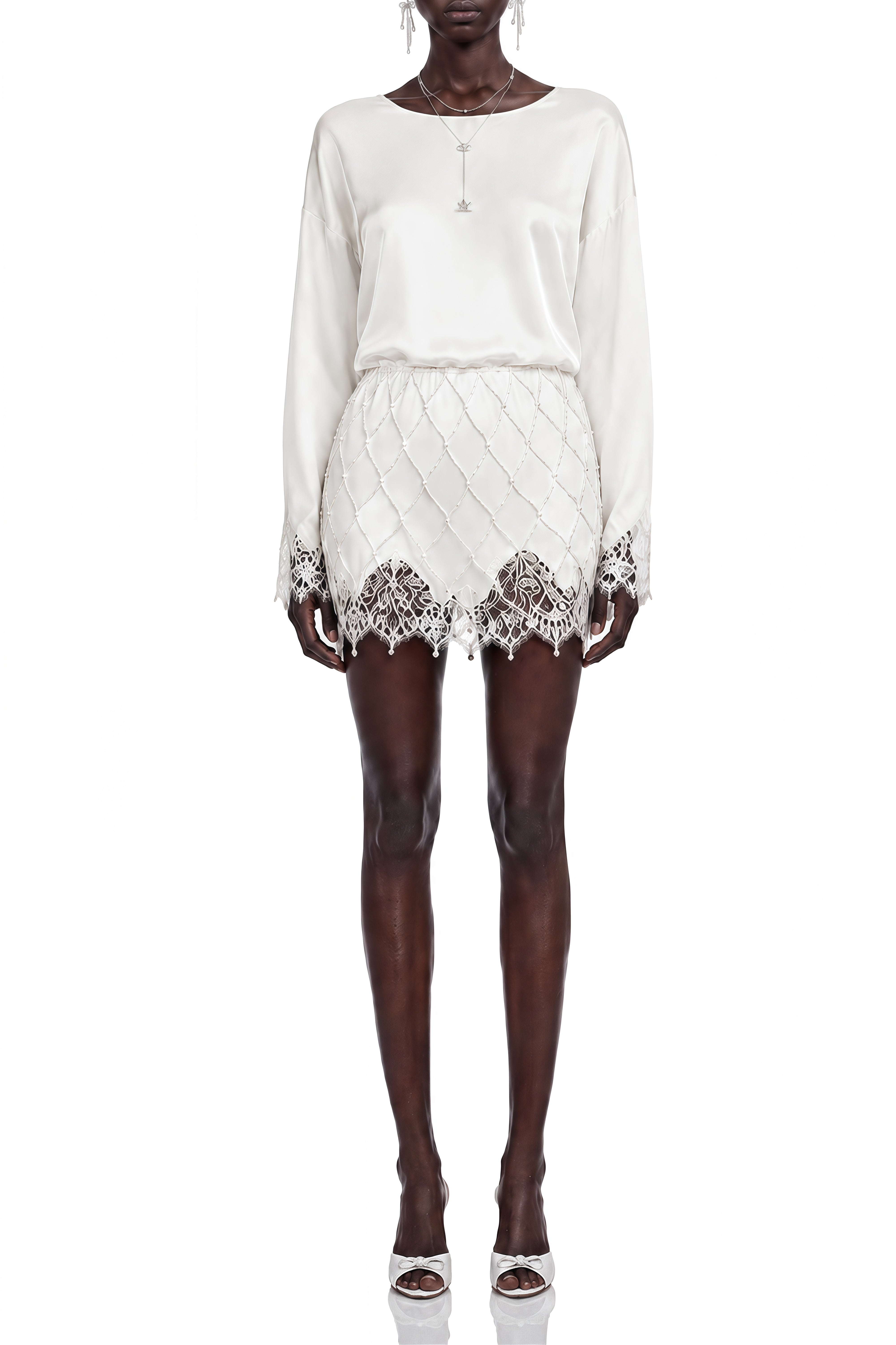 Eulalia White Round Neck Lace Blouse & Pearl Skirt Set