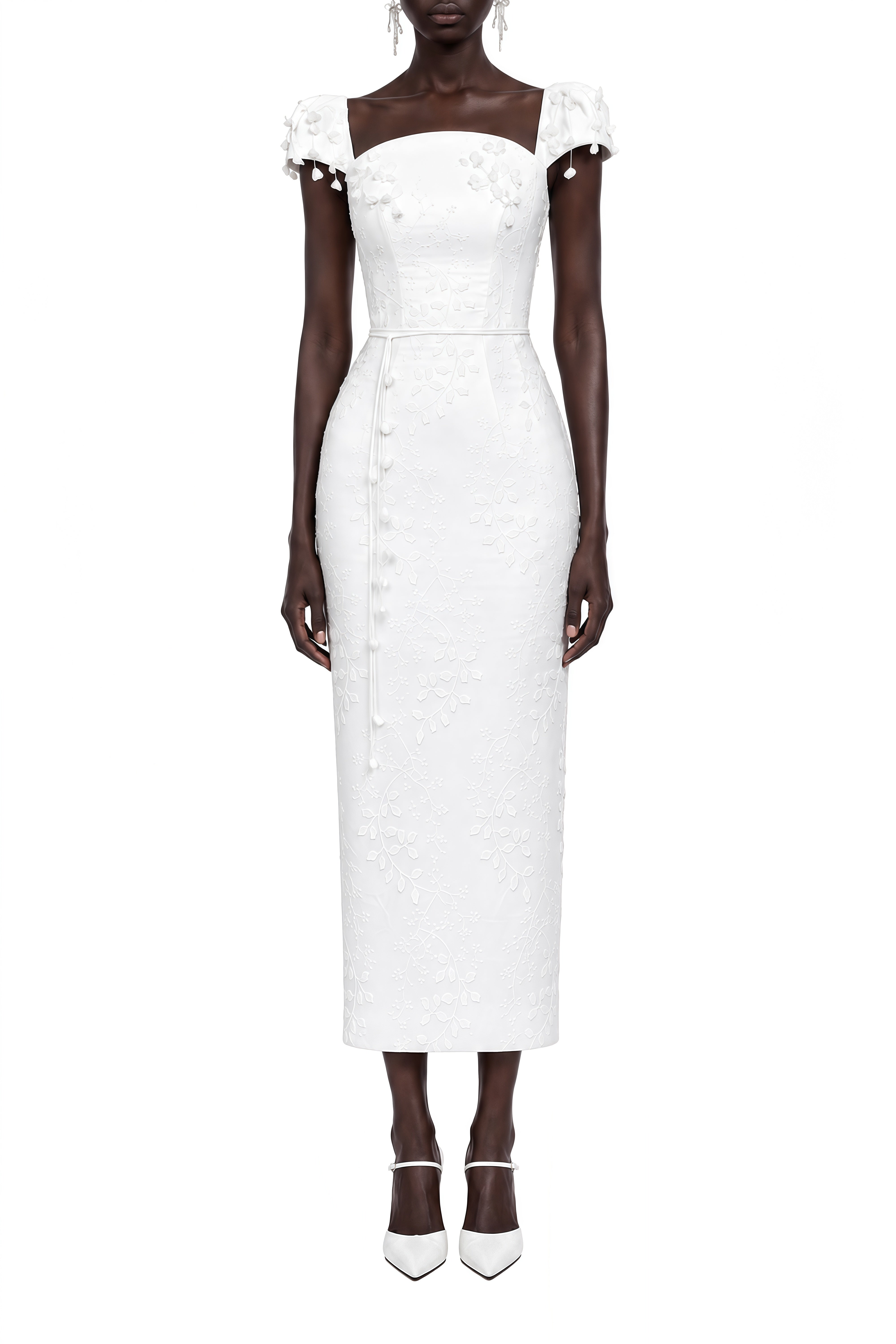 Margaux White Leaf Embellished Ruffled Midi Dress