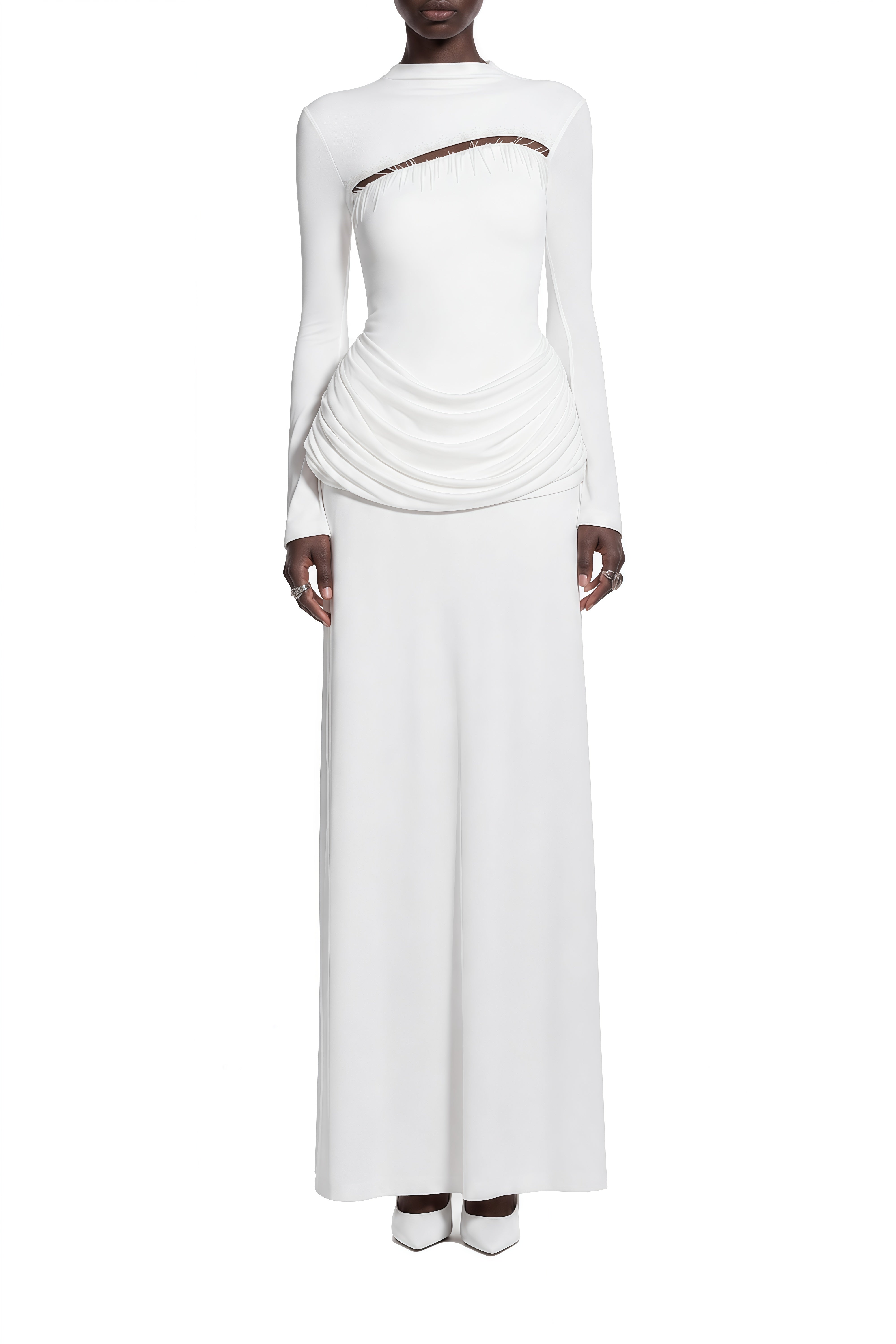 Elizabeth White Turtleneck Ruched Maxi Dress