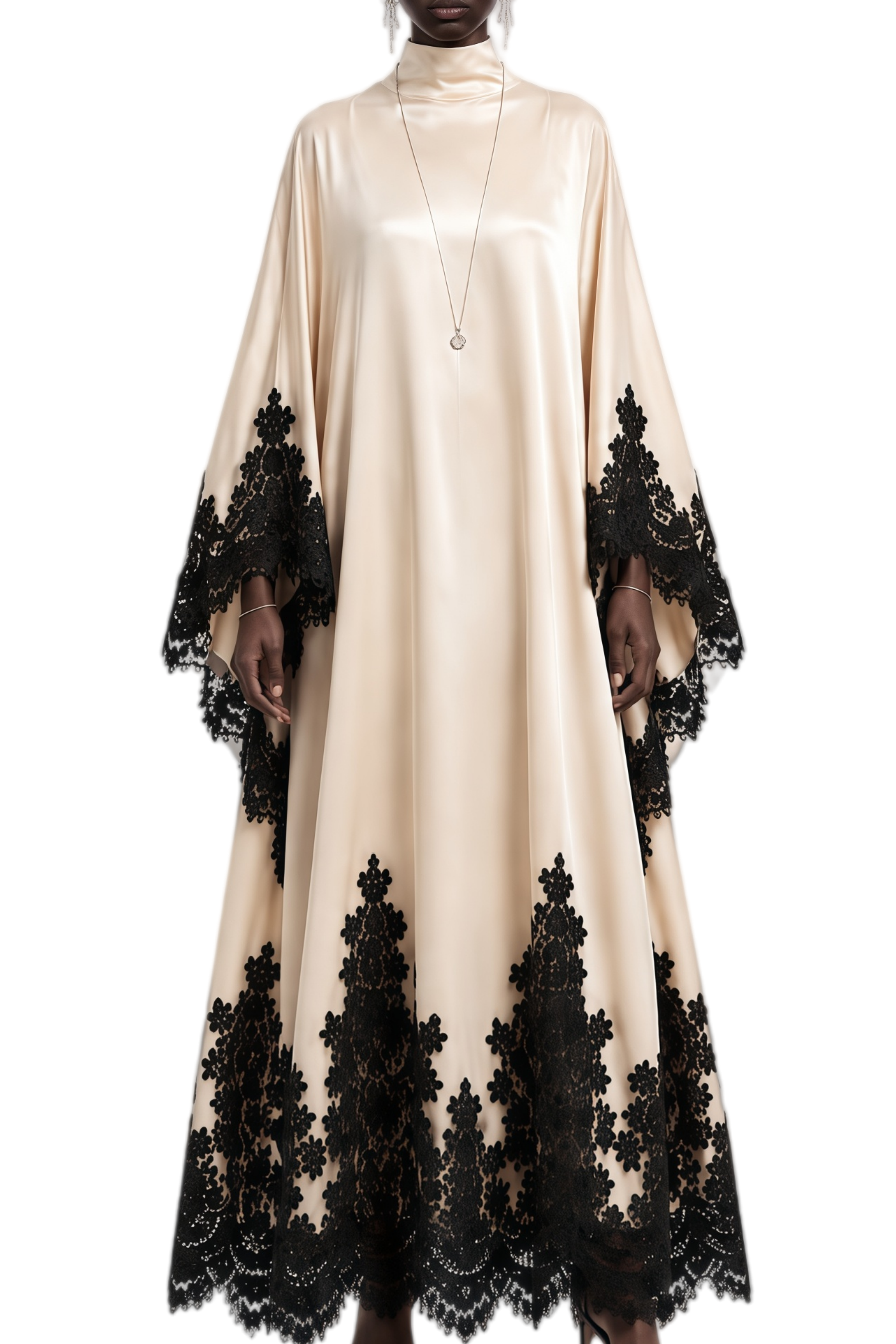 Imogen Neutral Turtleneck Lace Panel Maxi Dress