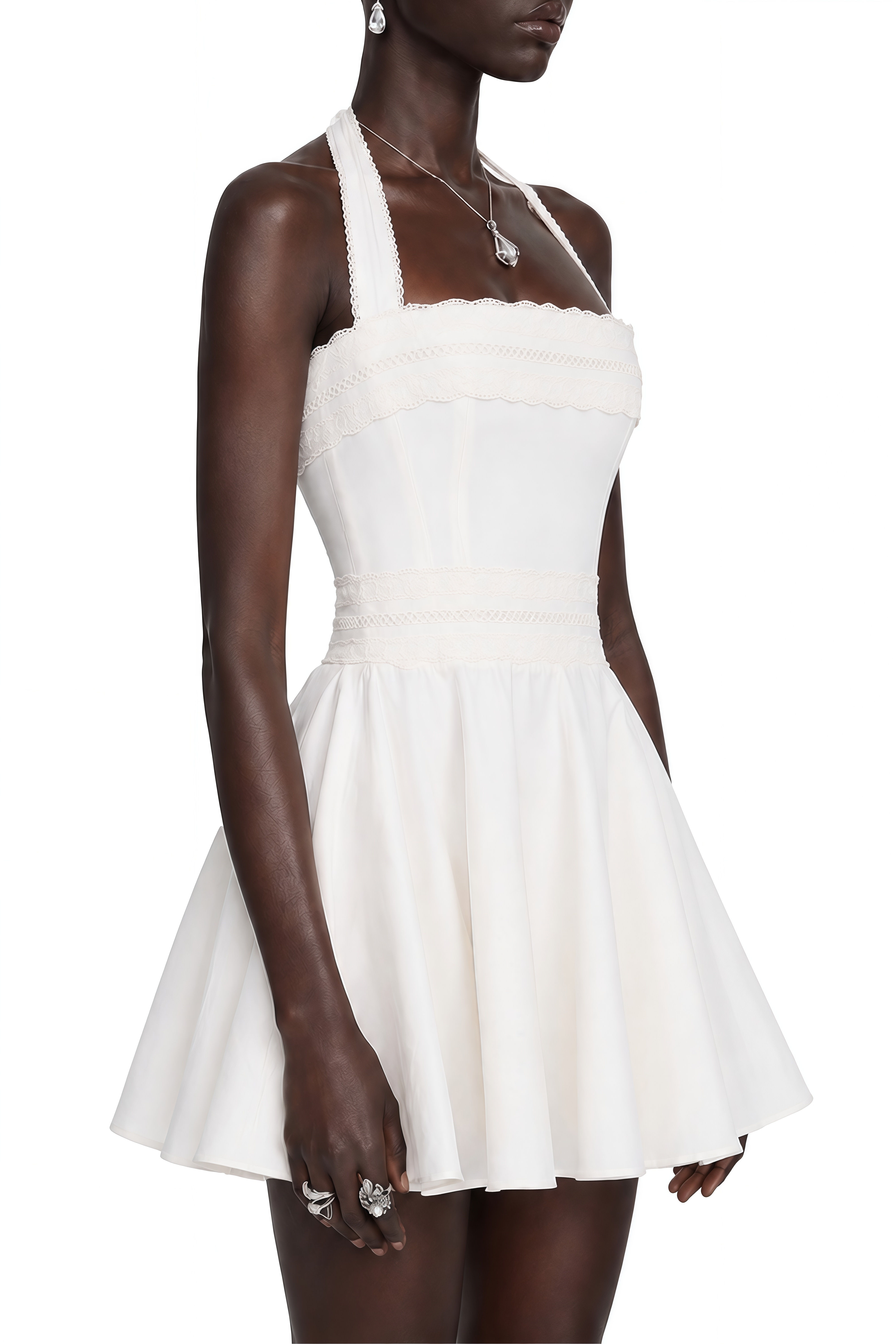 Hermosa White Halterneck Lace Panel Mini Dress