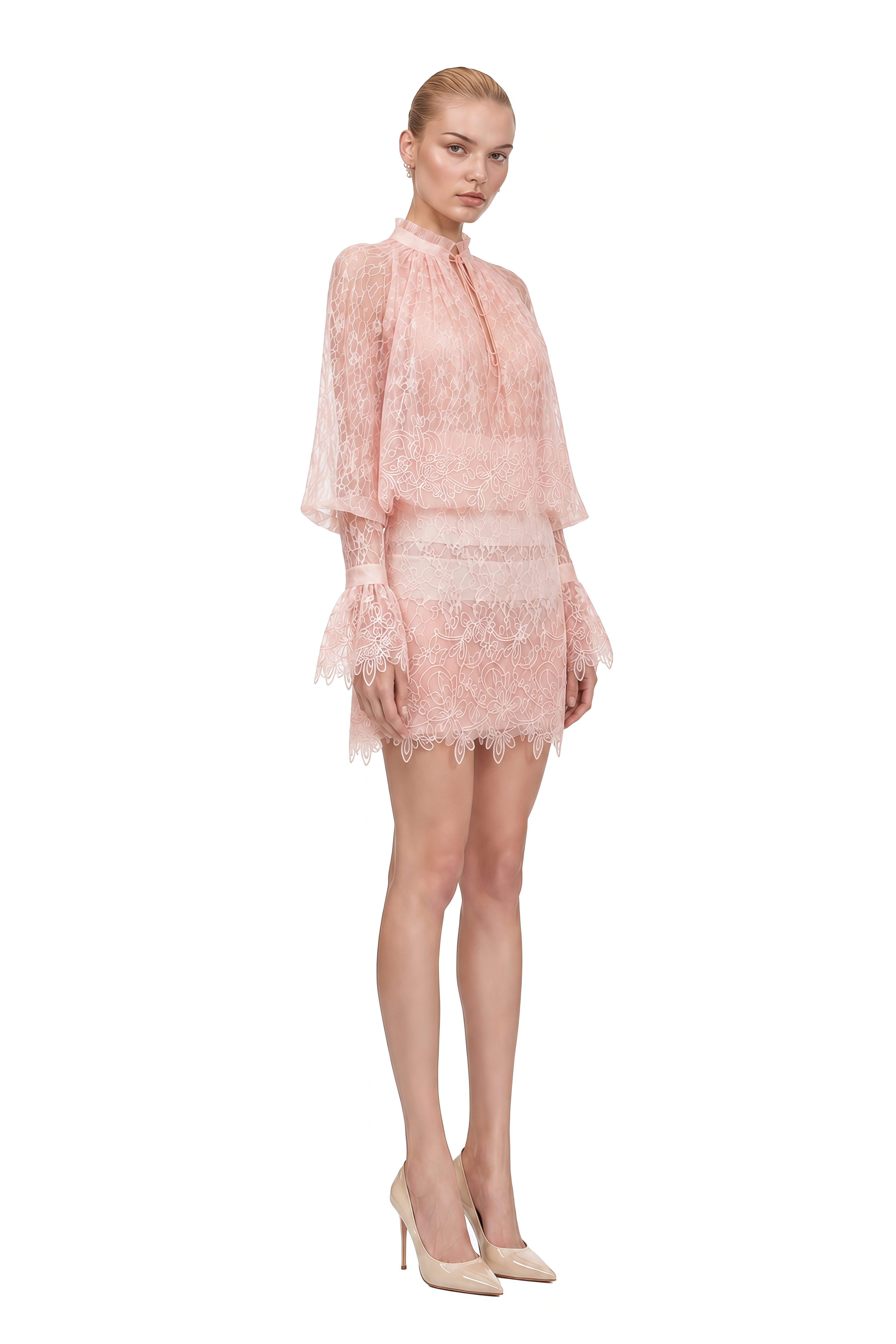 Rosalind Pink Puff Sleeve Lace Mini Dress