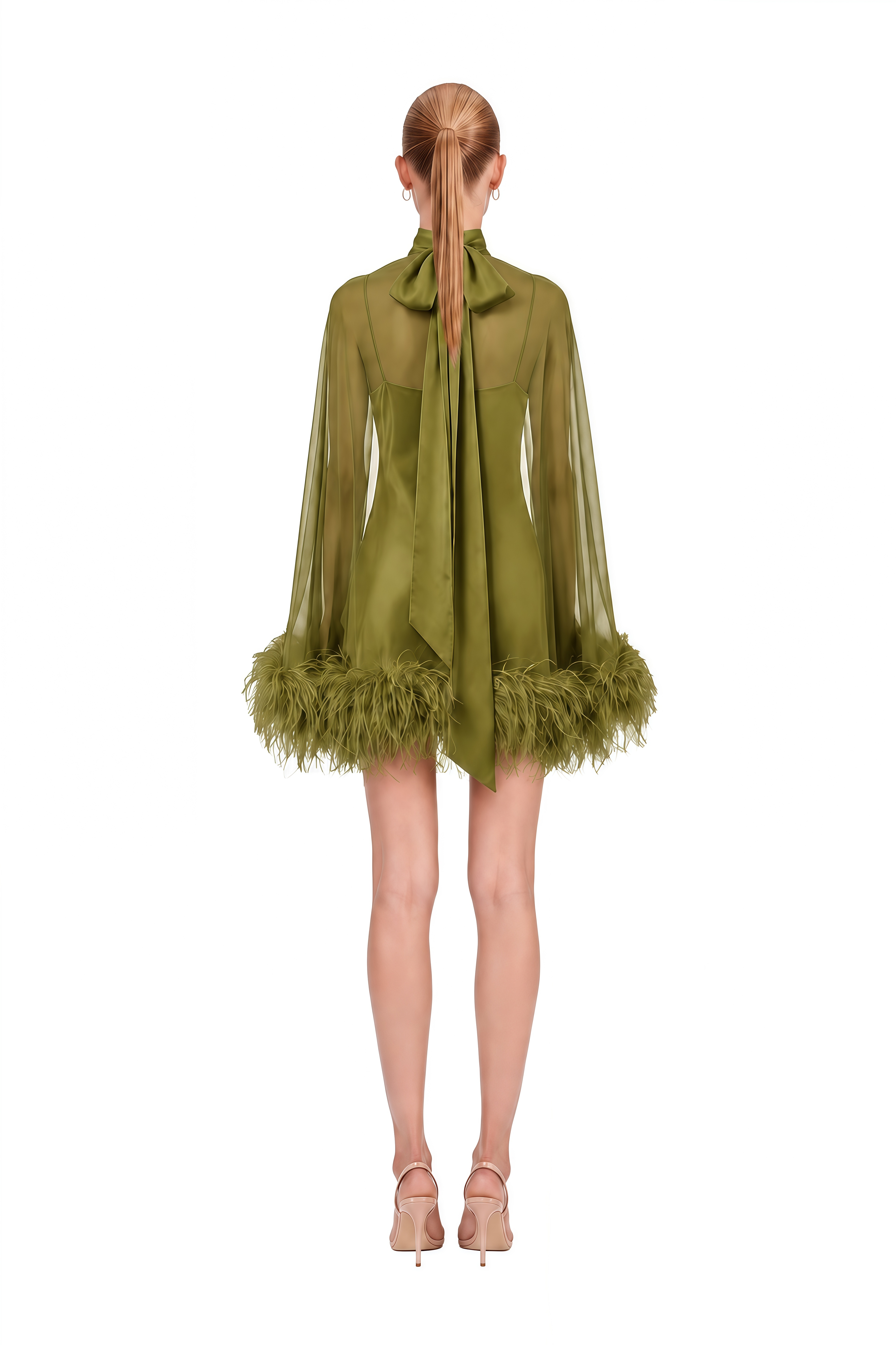 Ivy Green Turtleneck Feather-Trim Mini Dress