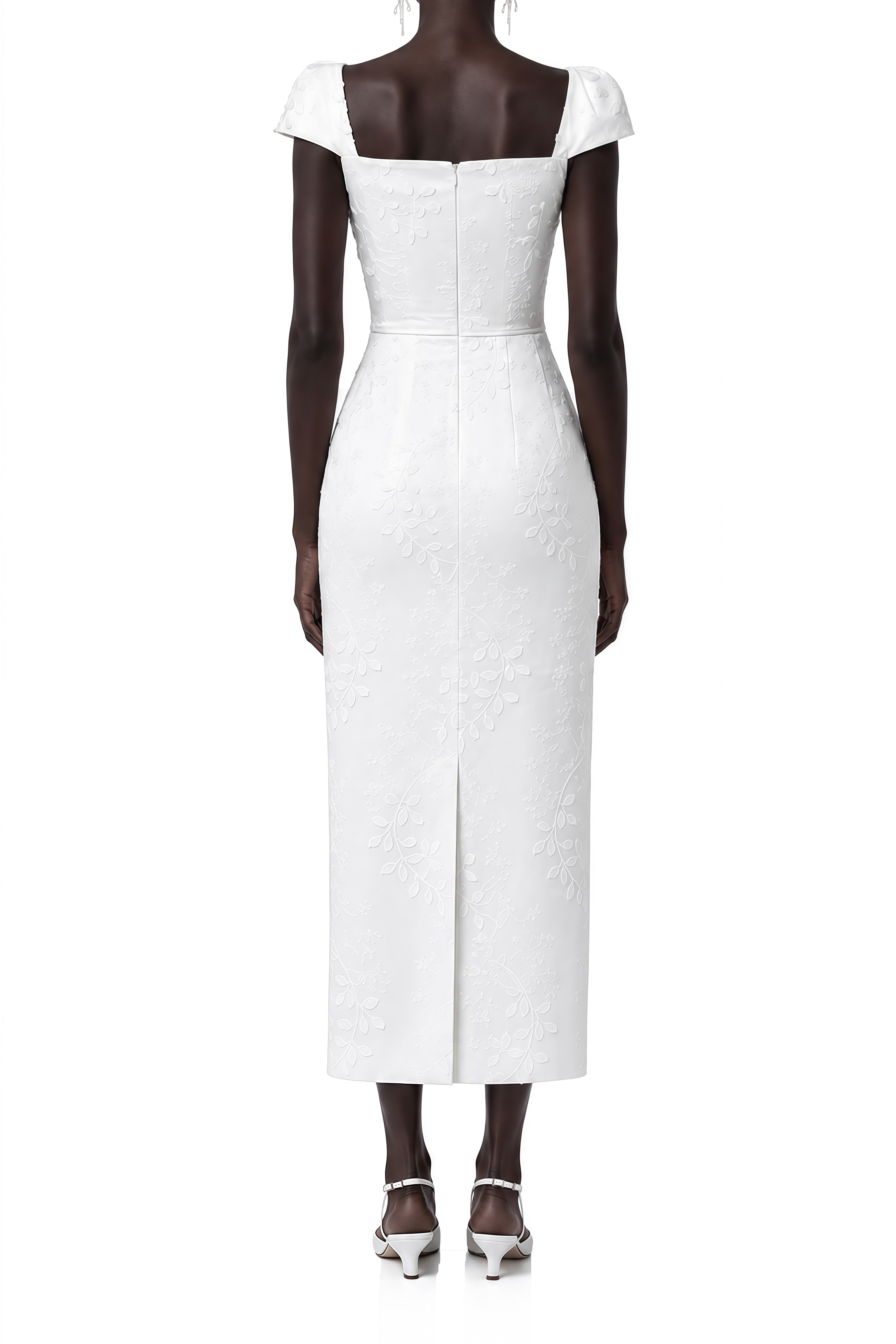 Margaux White Leaf Embellished Ruffled Midi Dress