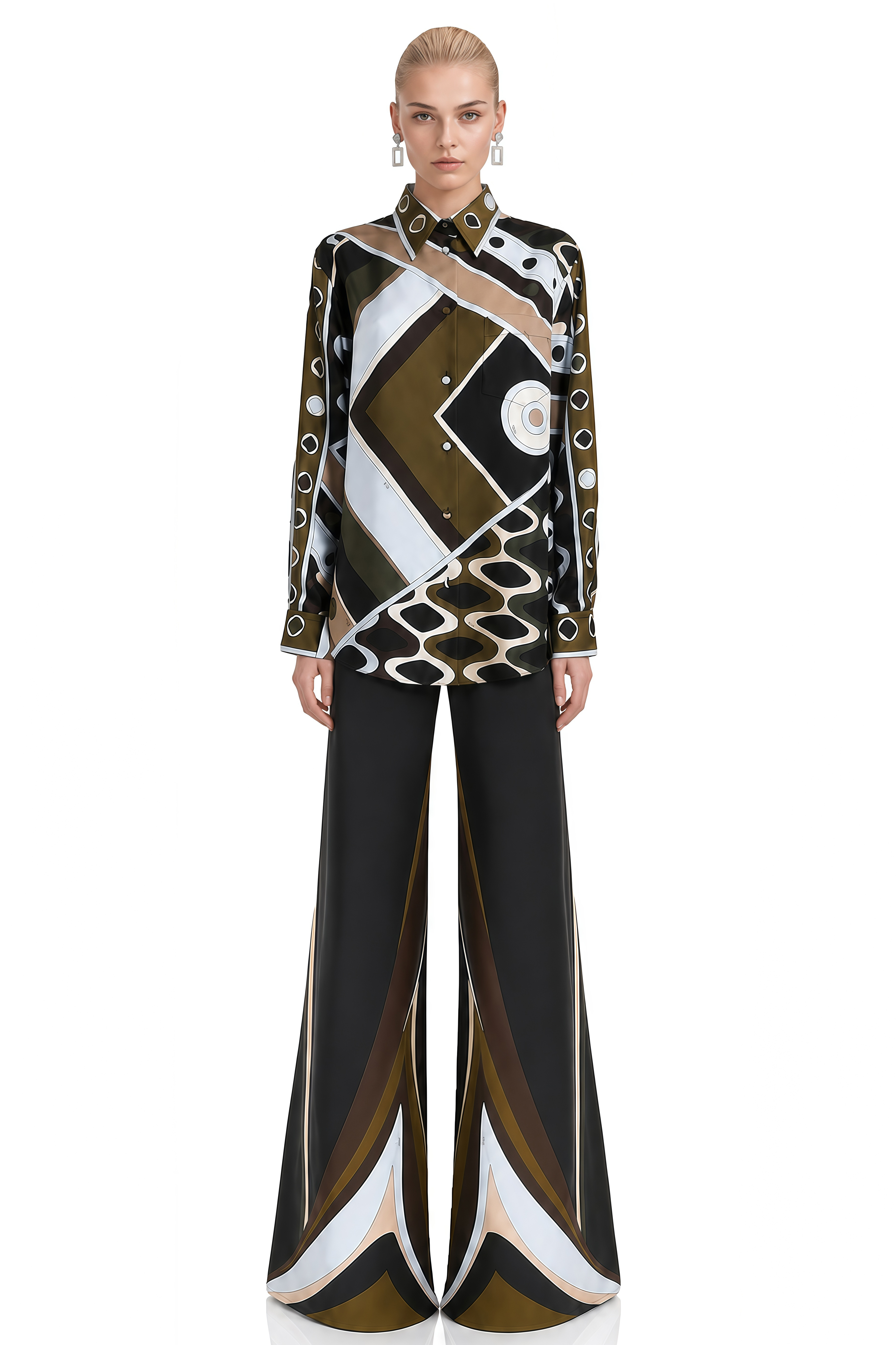 Helena Olive Green Abstract Geometric Print Blouse & Trousers Set