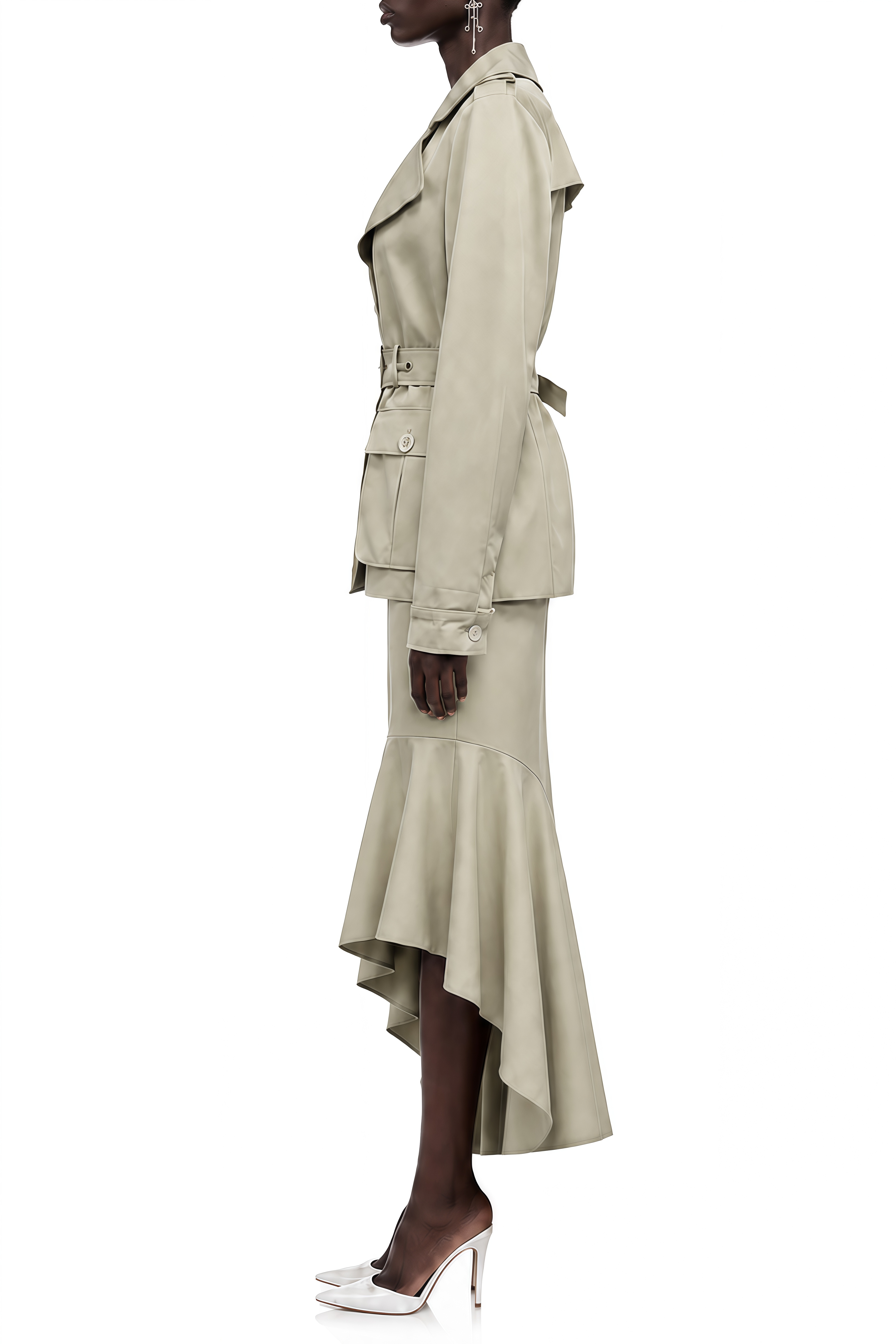 Austen Khaki Long Sleeves Asymmetrical Jacket & Skirt Set