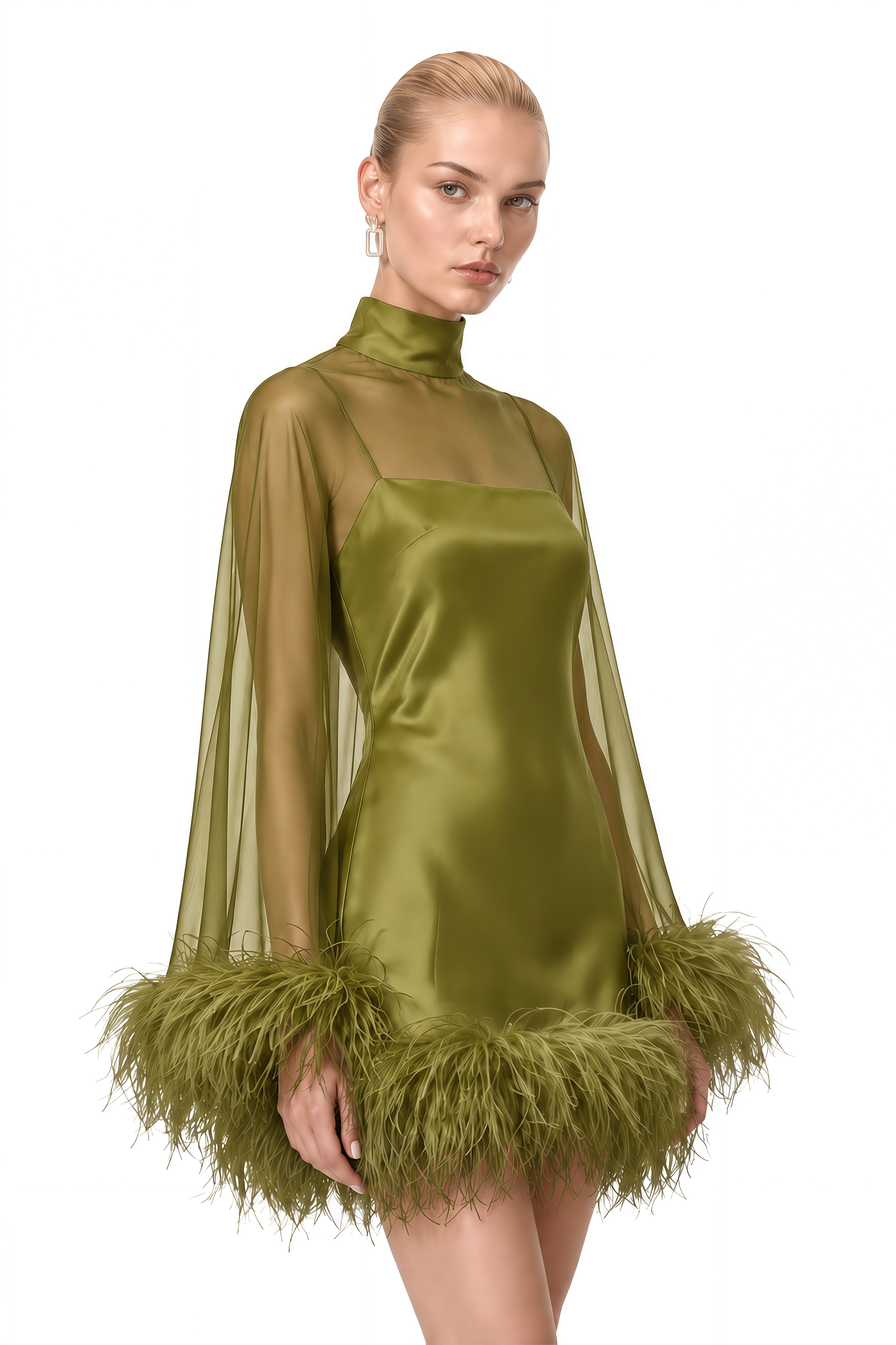 Ivy Green Turtleneck Feather-Trim Mini Dress