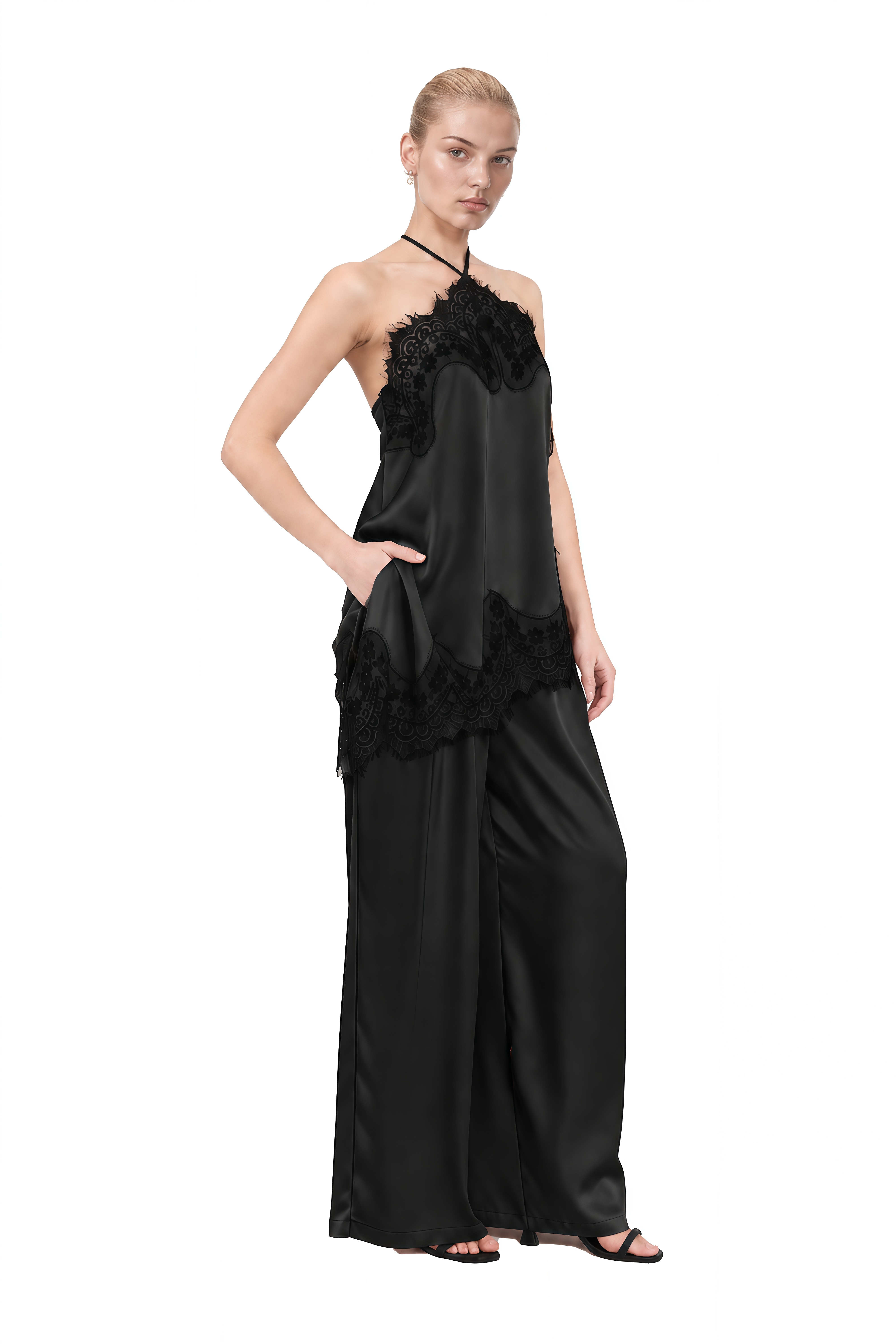 Diana Black Halterneck Asymmetrical Top & Trousers Set