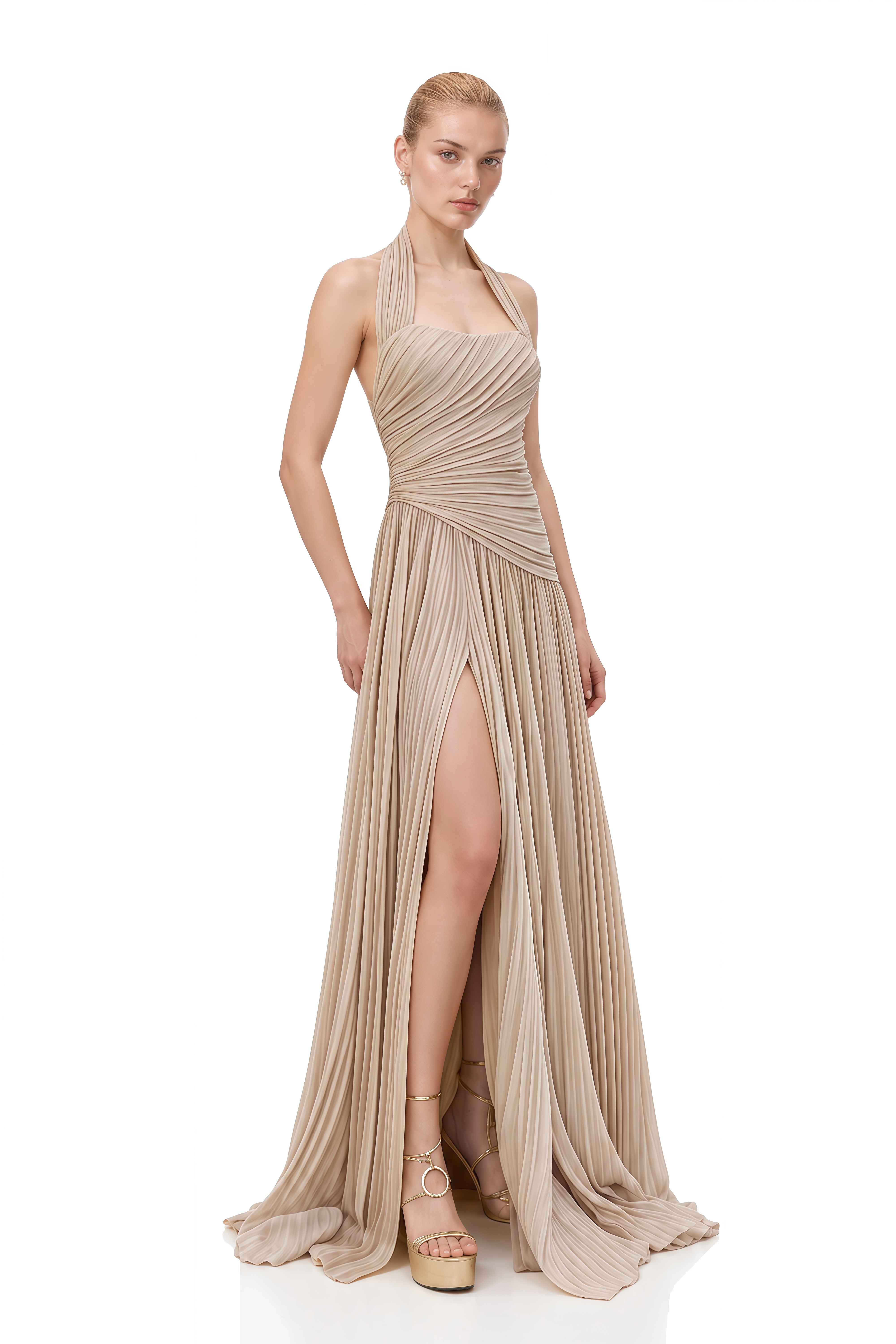 Isolde Champagne Halterneck Asymmetrical Maxi Dress