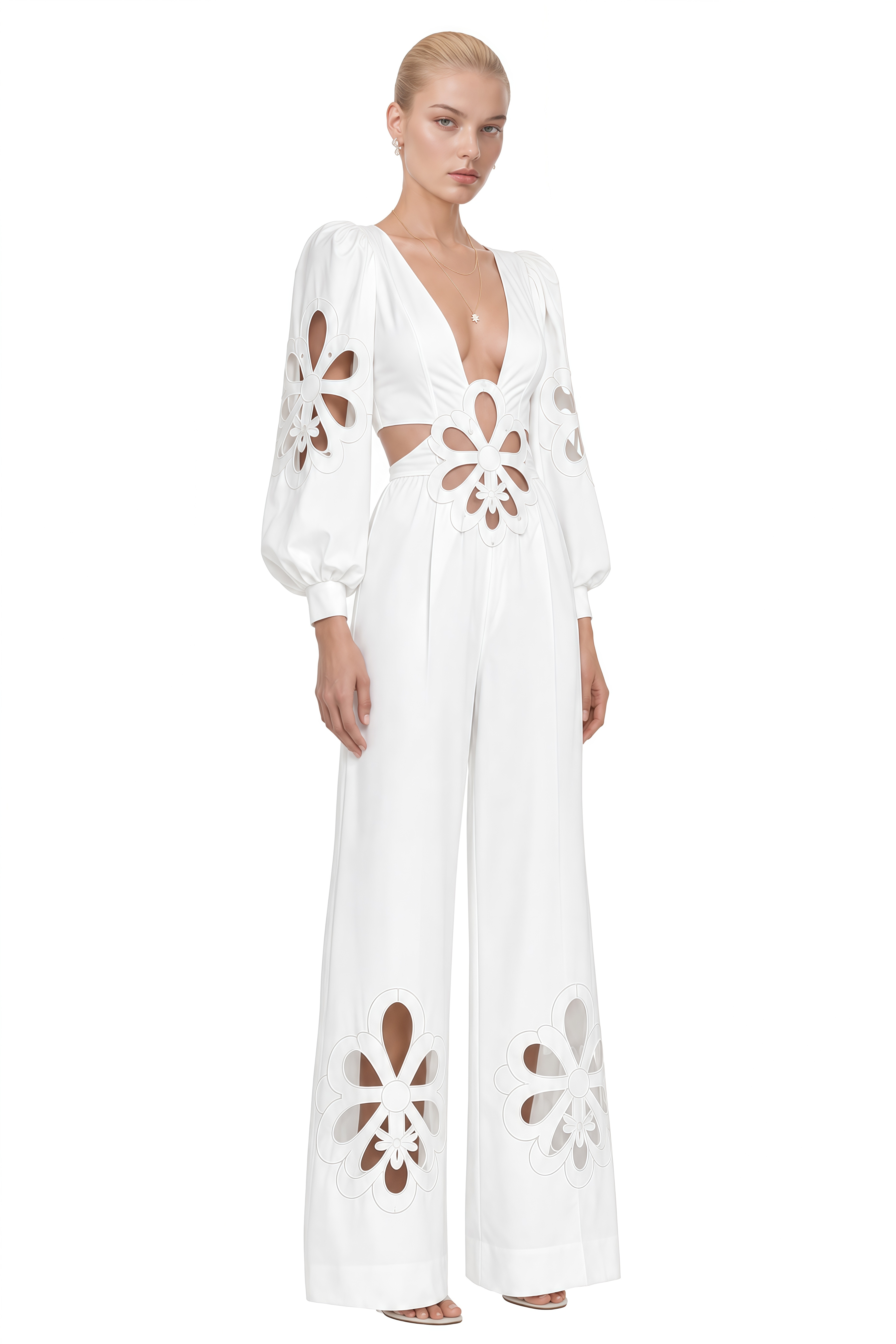 Ophelia White V-Neck Floral Cut-Out Jumpsuit