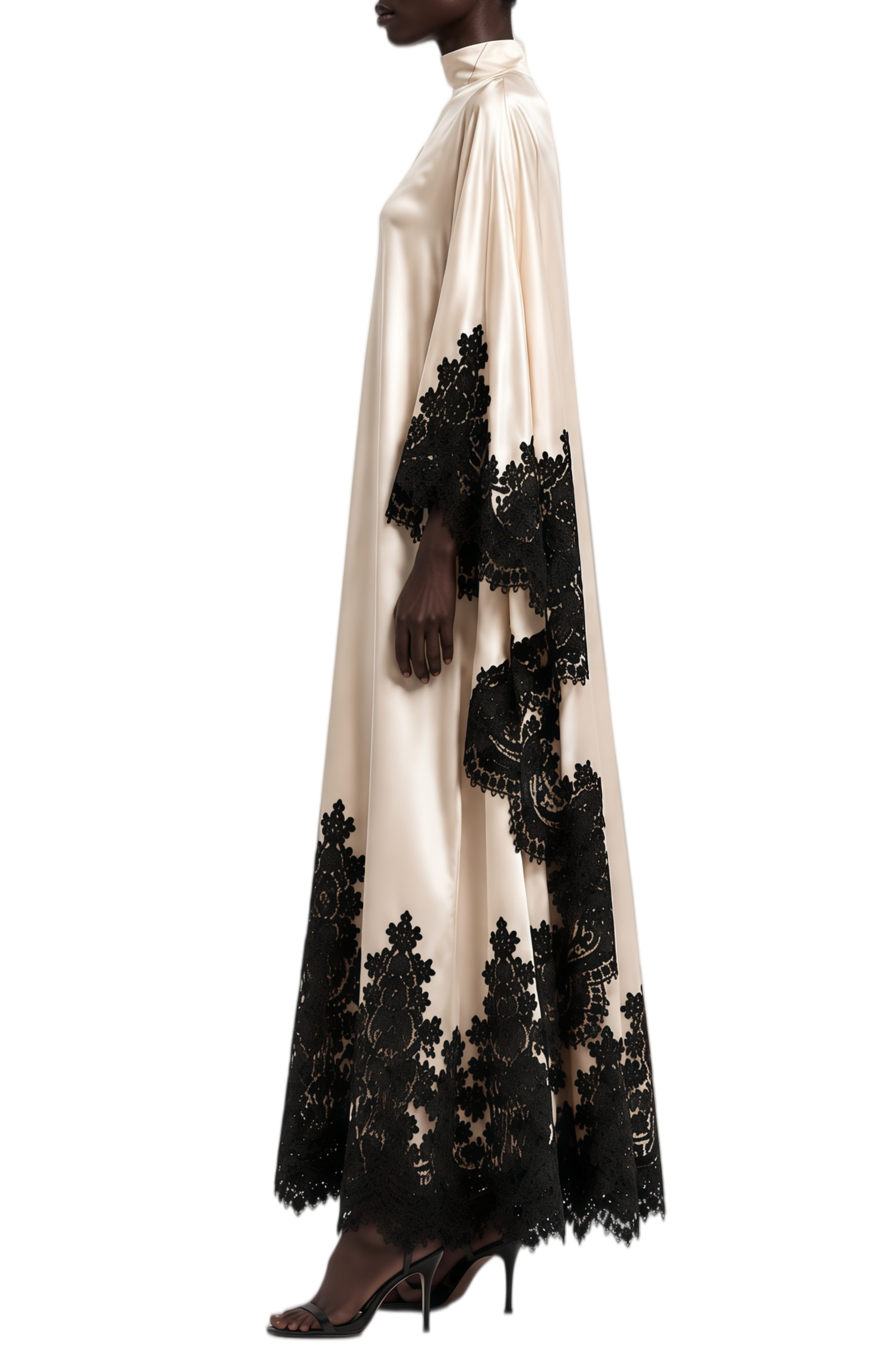 Imogen Neutral Turtleneck Lace Panel Maxi Dress