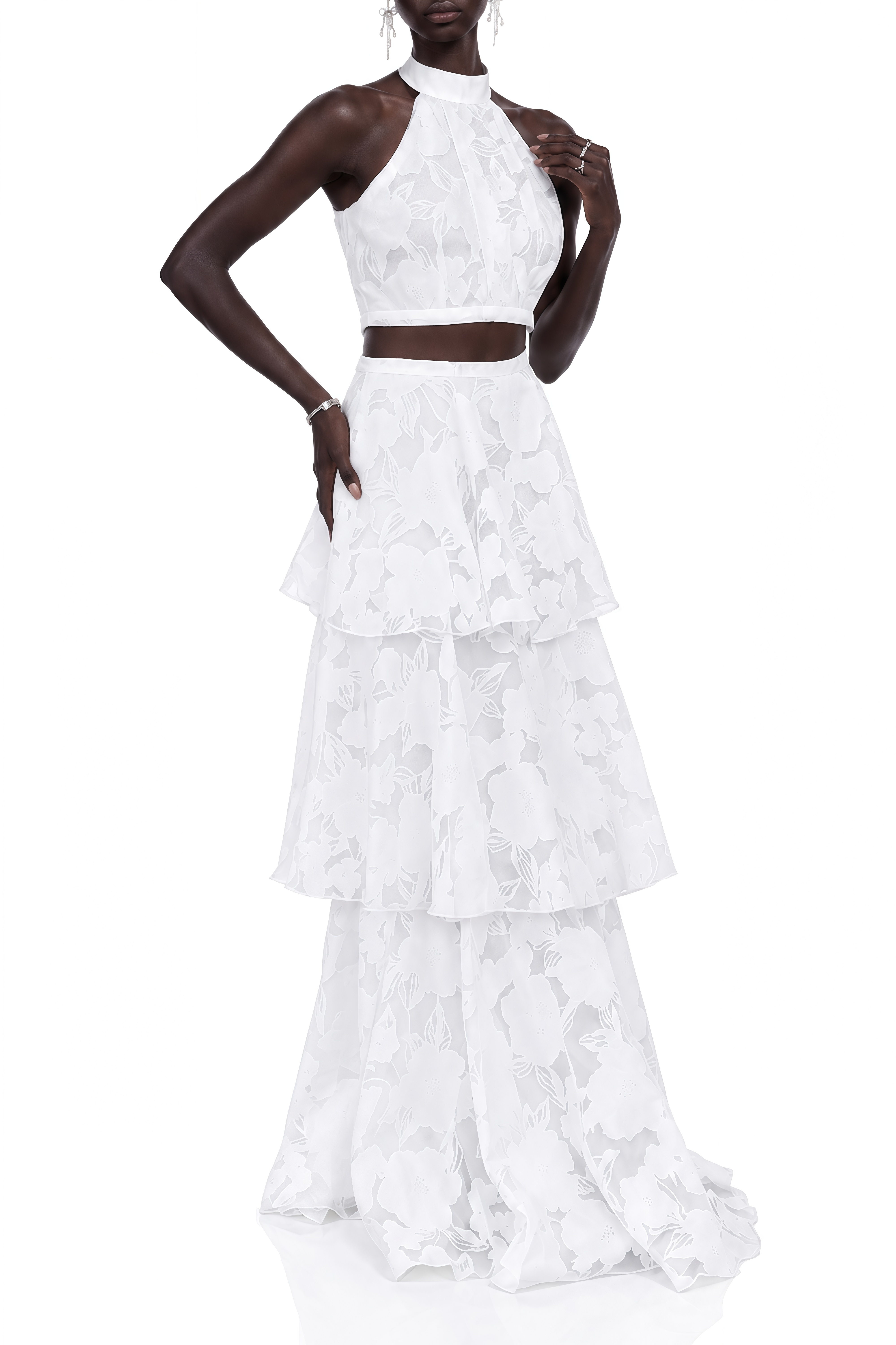 Camille White Sleeveless Floral Top & Skirt Set