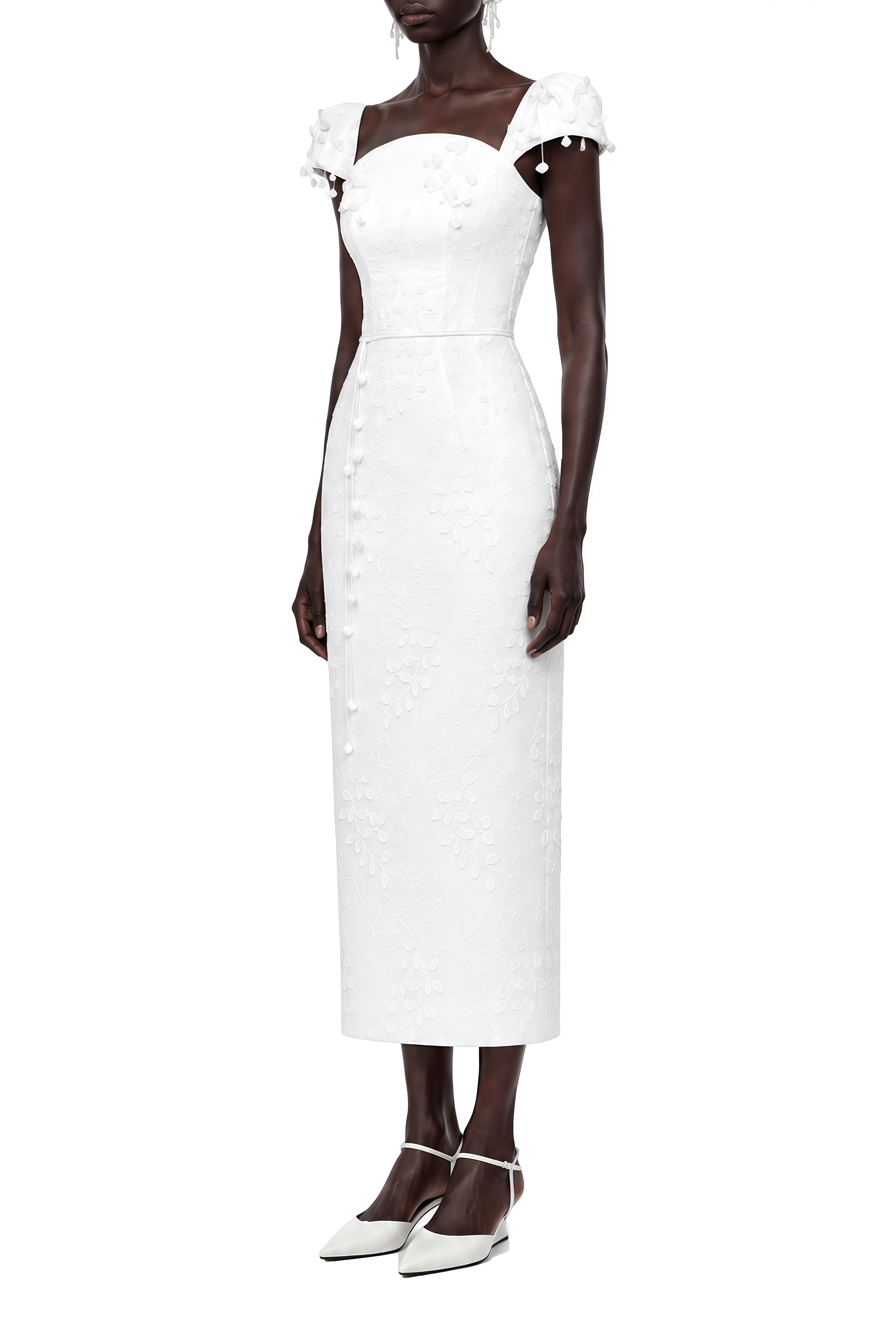 Margaux White Leaf Embellished Ruffled Midi Dress