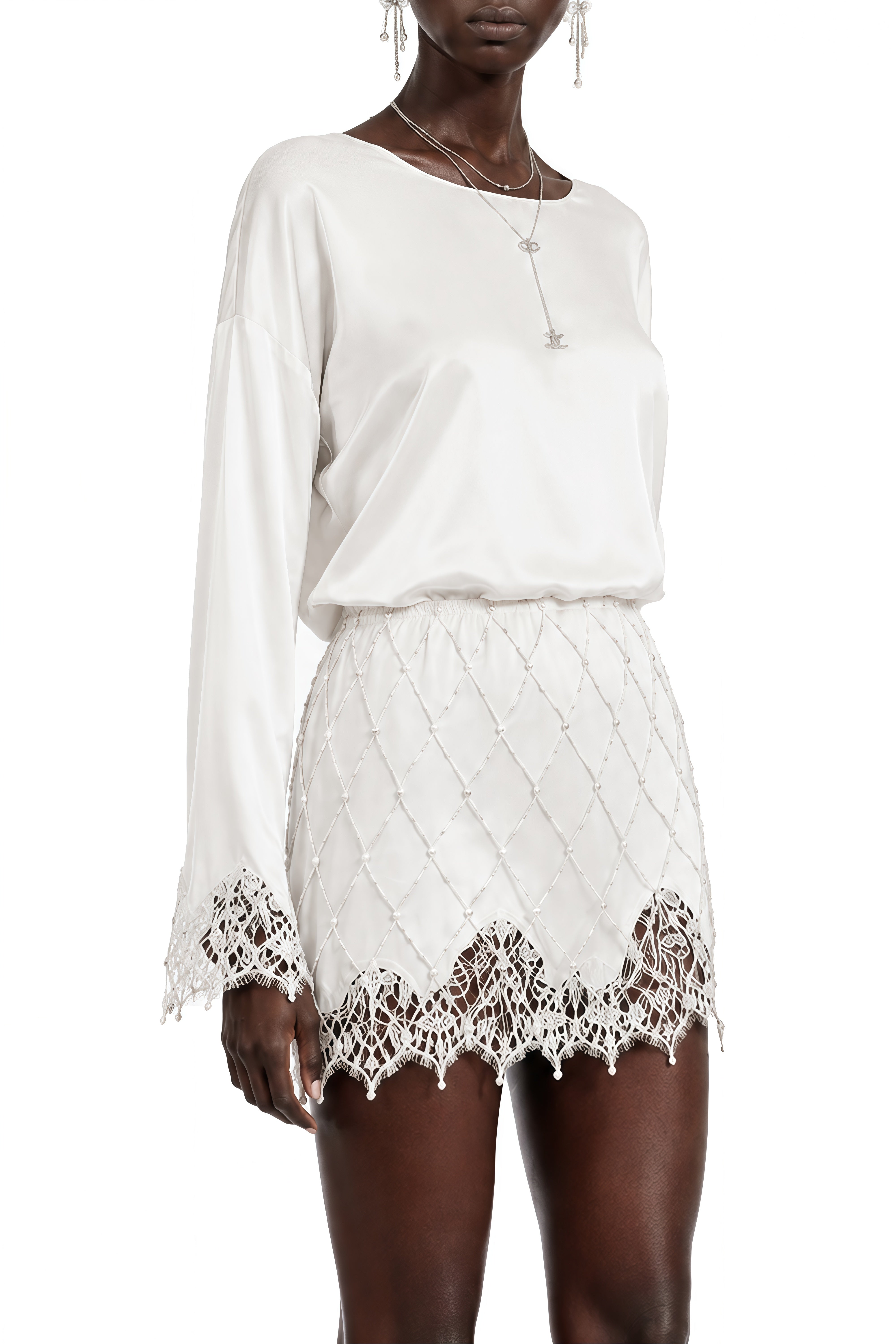 Eulalia White Round Neck Lace Blouse & Pearl Skirt Set