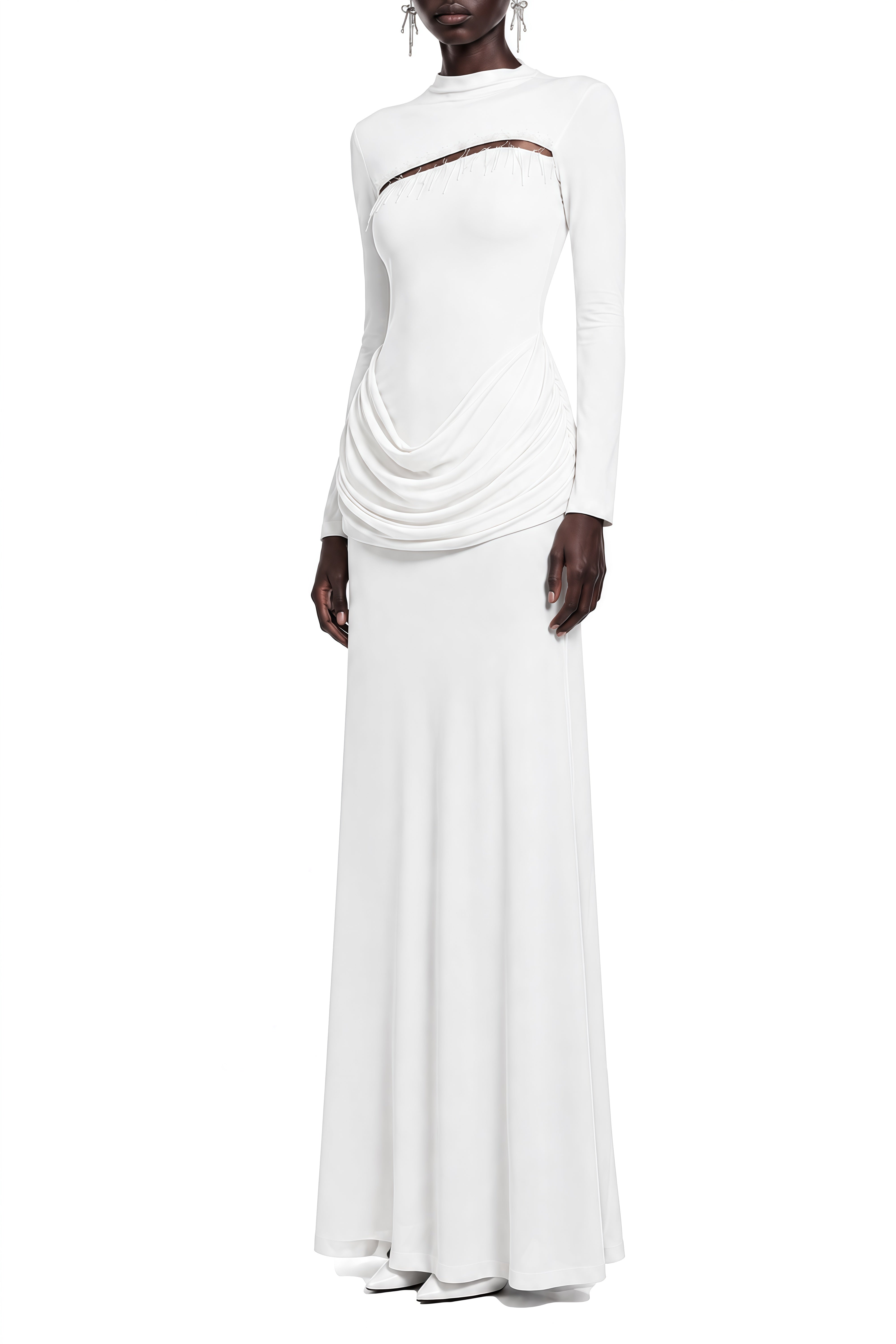 Elizabeth White Turtleneck Ruched Maxi Dress