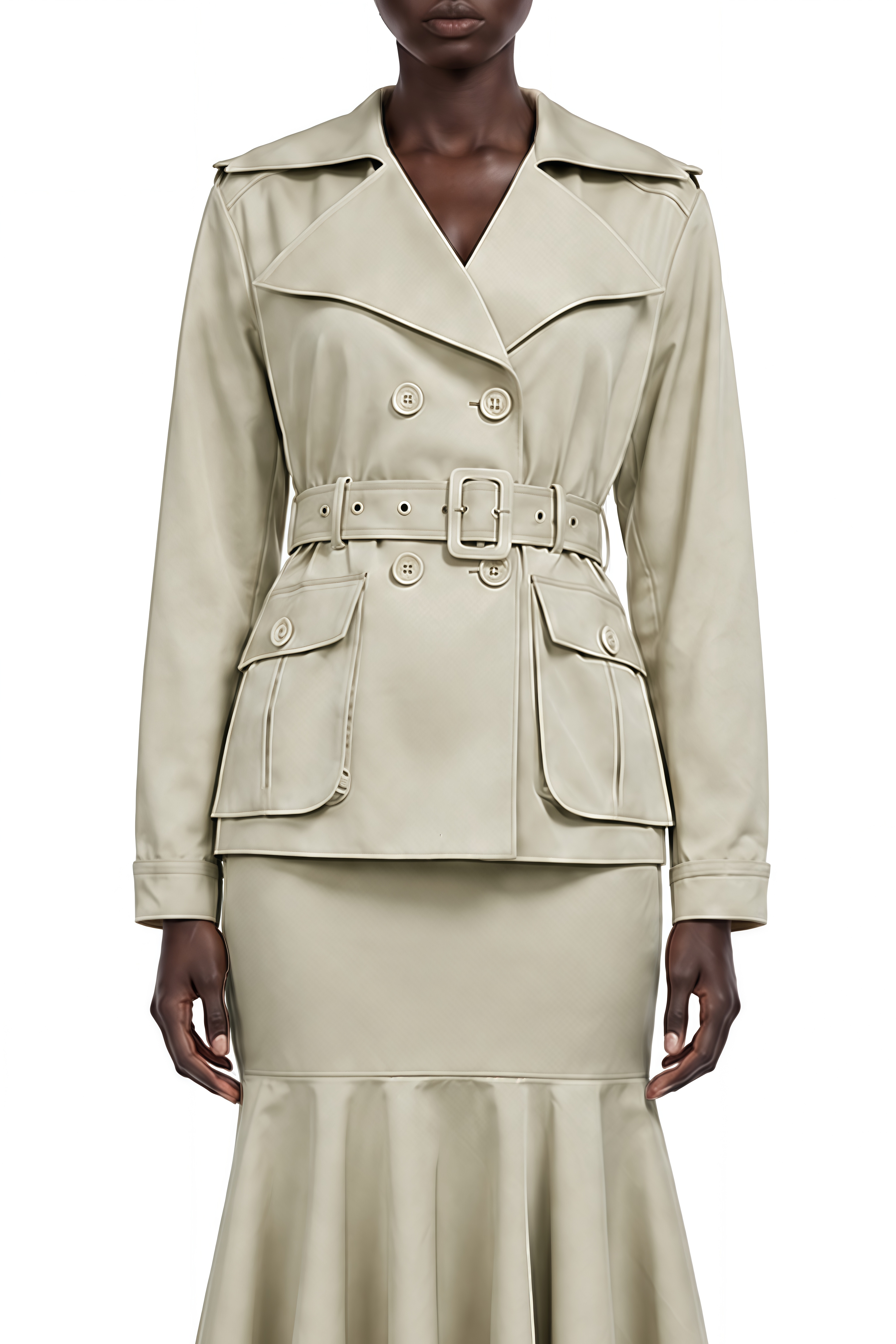 Austen Khaki Long Sleeves Asymmetrical Jacket & Skirt Set