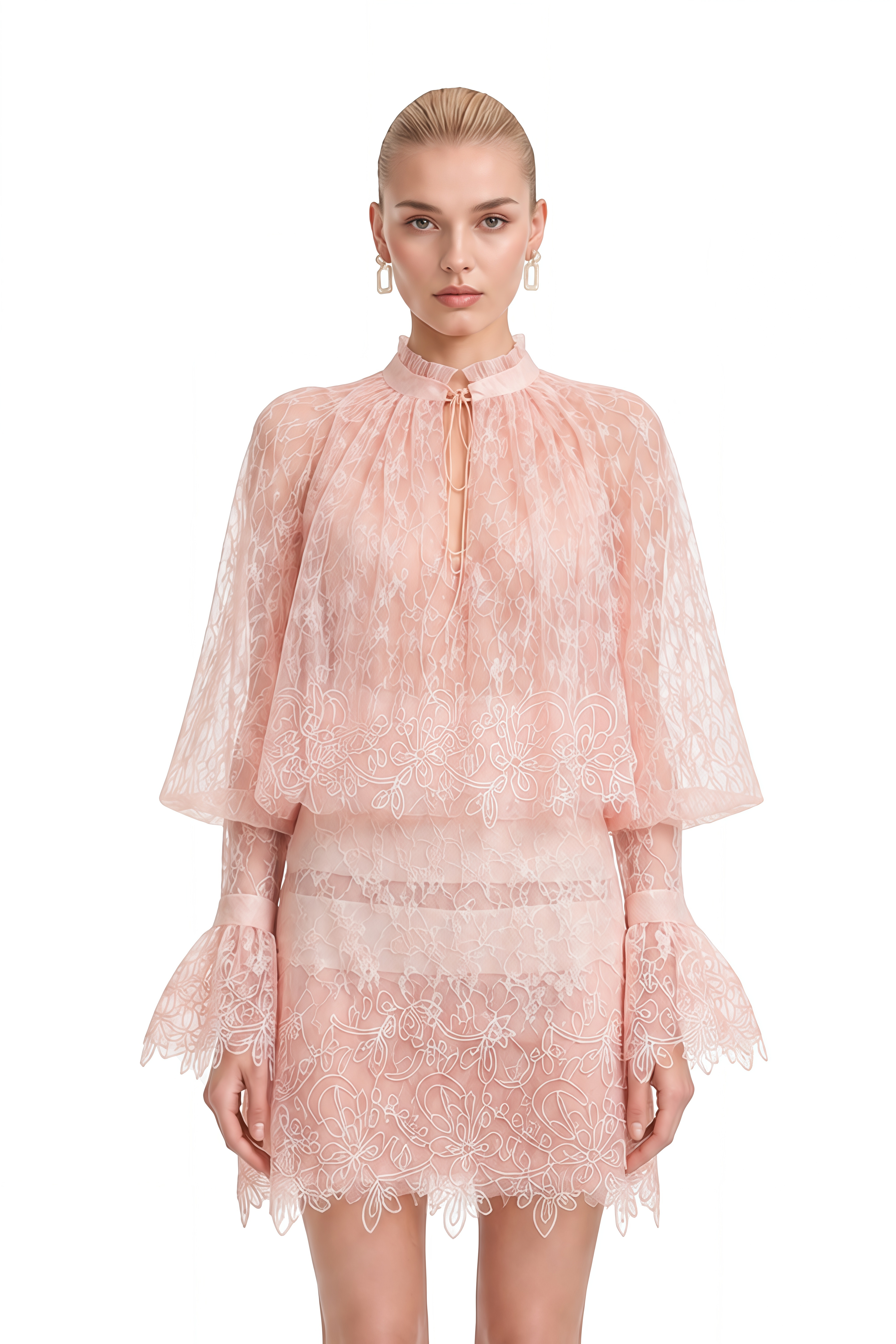 Rosalind Pink Puff Sleeve Lace Mini Dress
