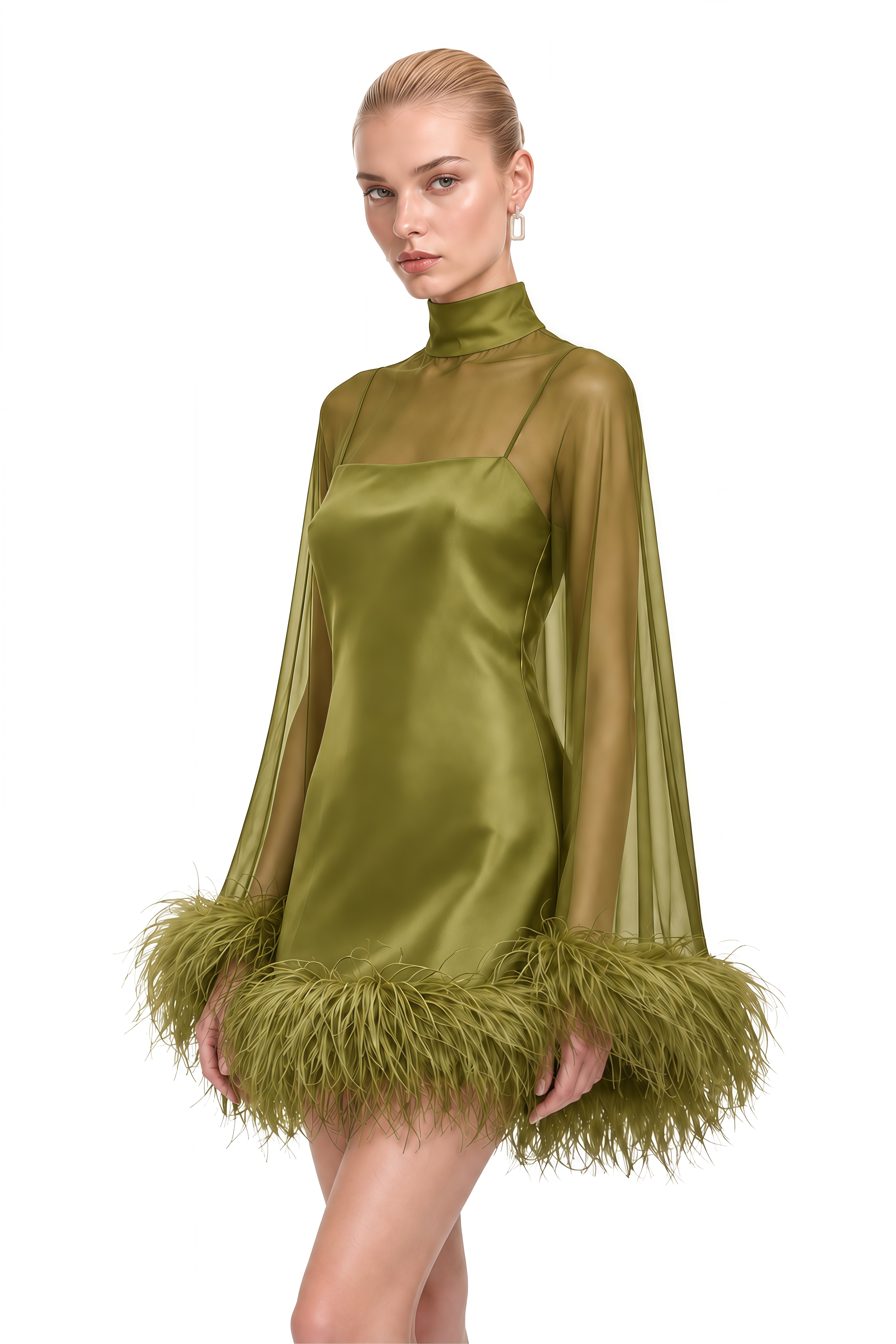 Ivy Green Turtleneck Feather-Trim Mini Dress